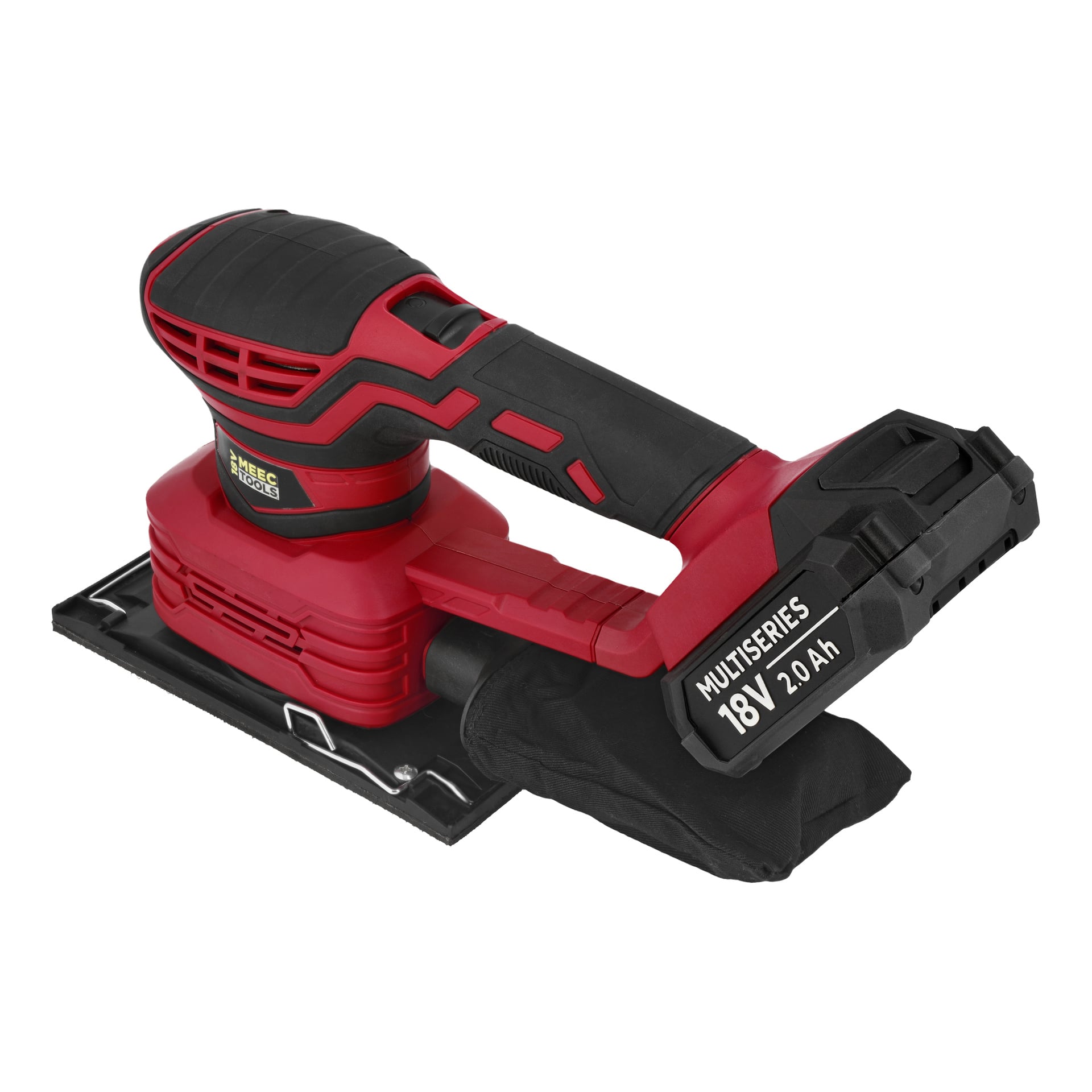 Röd och svart Meec Tools Multiseries 3-i-1 sladdlös slipkit med rektangulär bas, 18V 2.0Ah-batteri, bakre dammpåse.