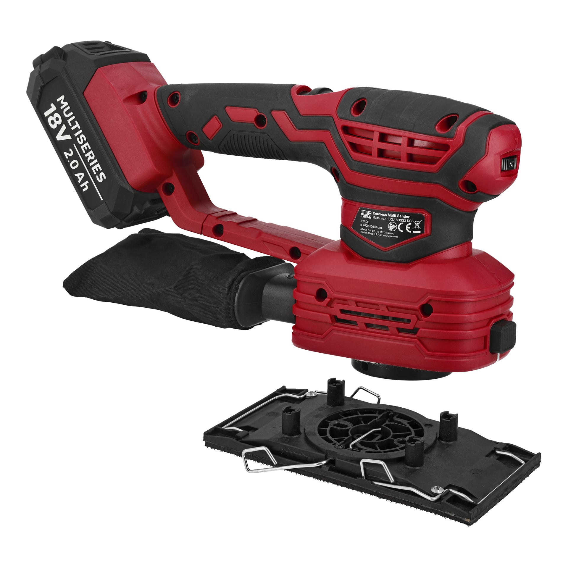 Ein rot-schwarzes Meec Tools Multi-Schleifer 3-in-1-Set ist mit abnehmbarem Schleifpad vorne und einem Staubbeutel ausgestellt.