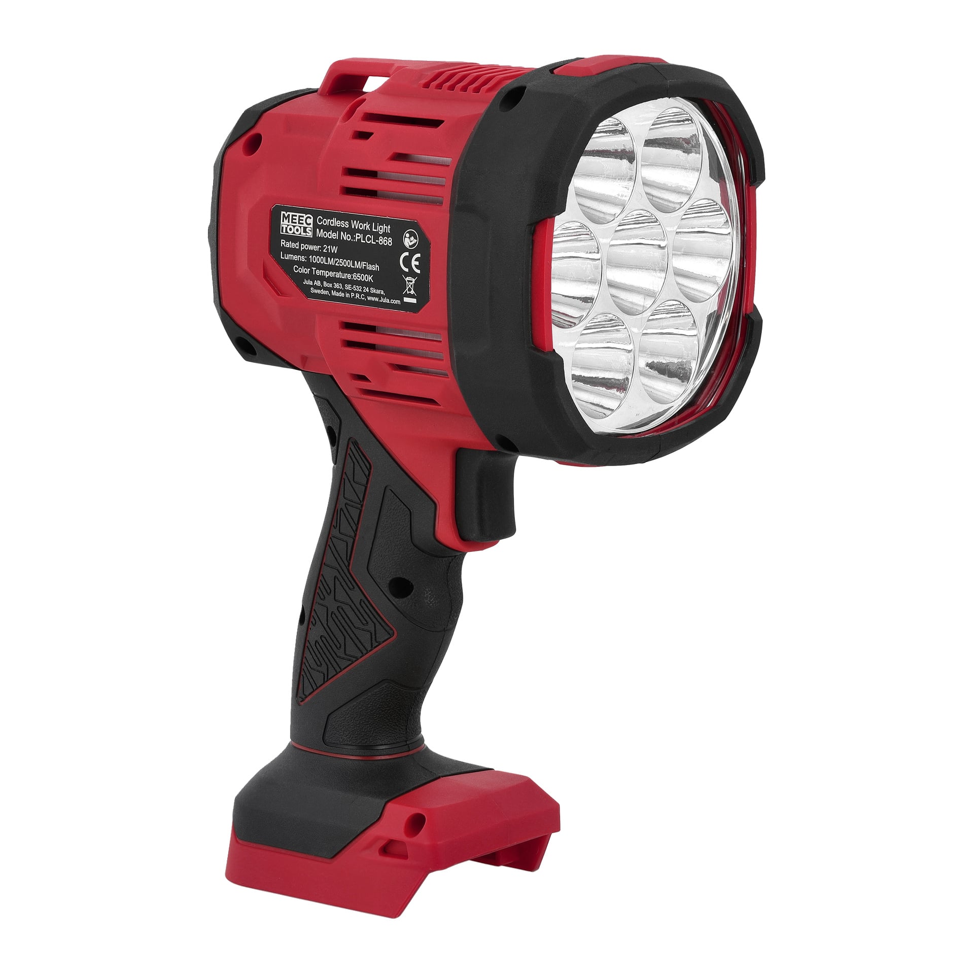Röd och svart Meec Tools LD-18V HOME 300 trådlösa LED-arbetslampa med handtag och åtta främre lampor, portabel för många uppgifter.