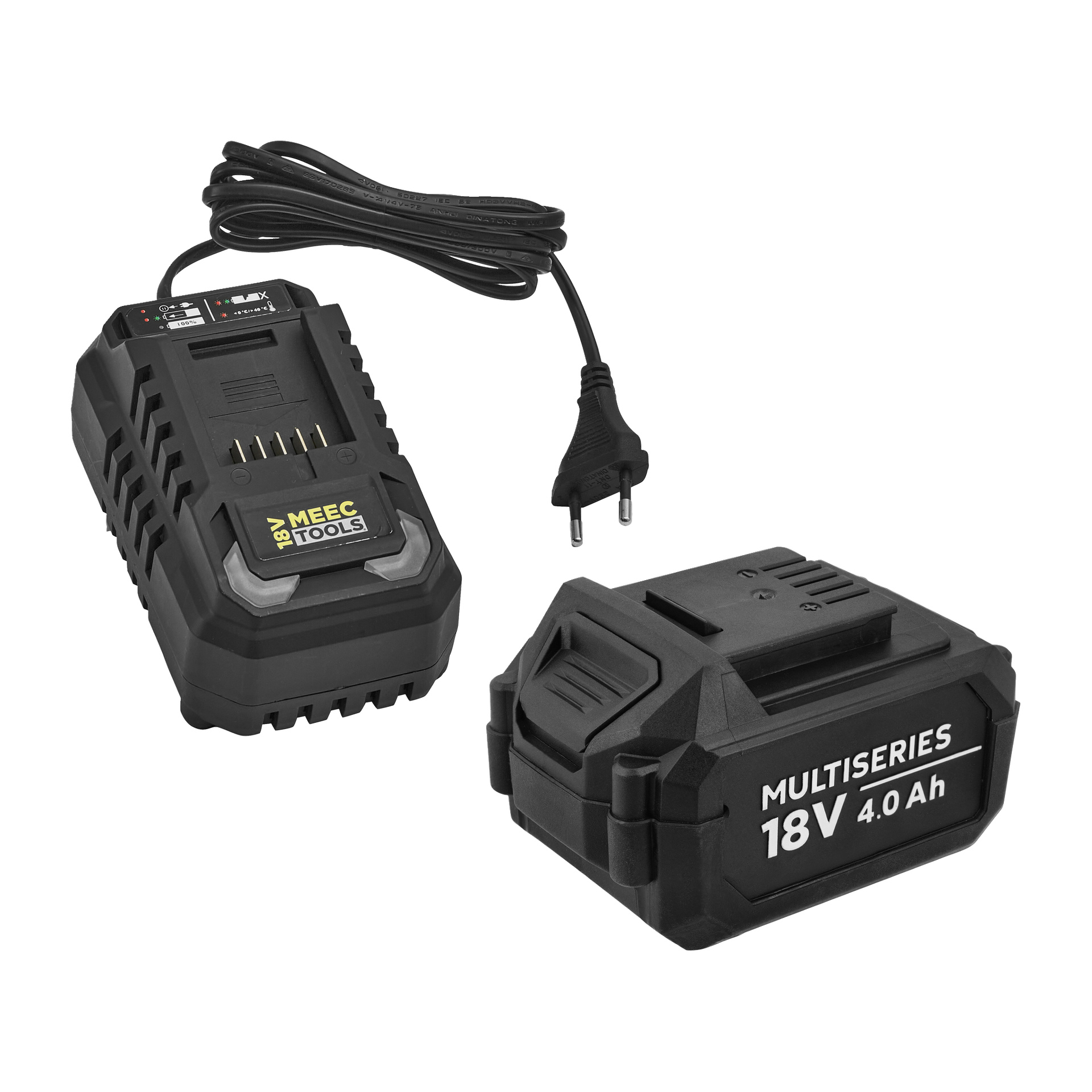 En Meec Tools Multiseries ESSENTIAL POWER PACK med svart batteriladdare, strömkabel och ett separat 18V 4,0 Ah batteripaket.