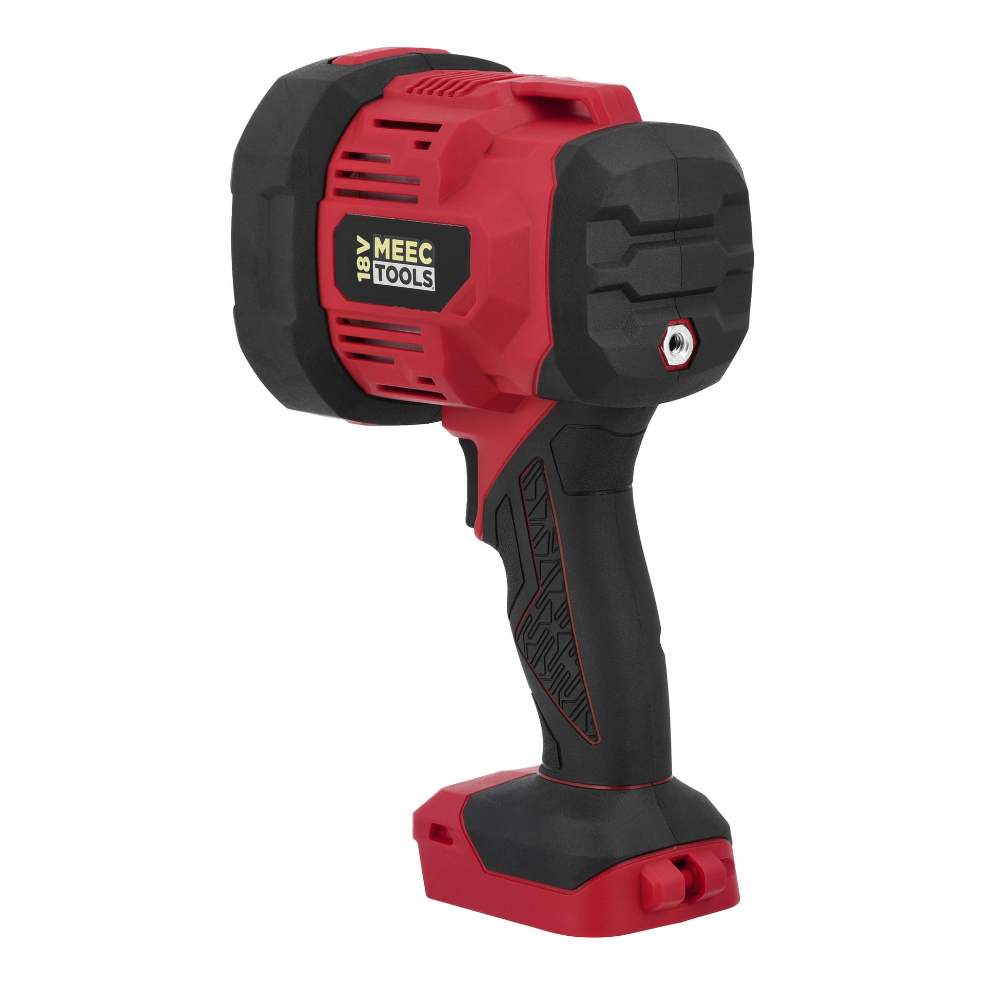 Röd och svart sladdlös LED-strålkastare, LD-18V HOME 300 från Meec Tools Multiseries, med ett texturerat handtag och baskontakt.