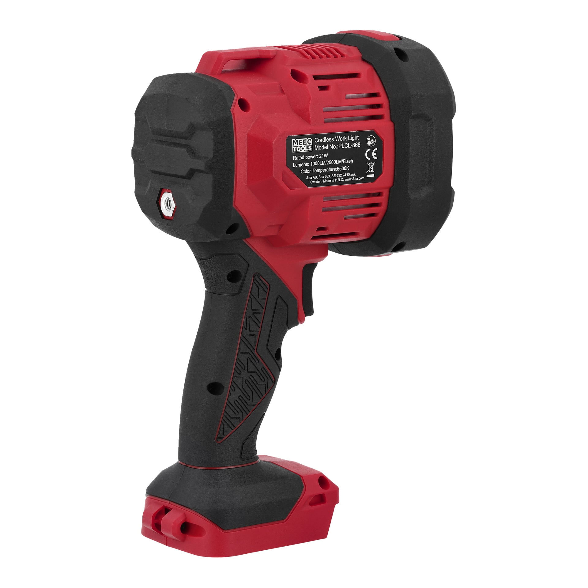 Röd och svart Meec Tools portabel LED-strålkastare med robust konstruktion, runt huvud, greppigt handtag, märkt bakåt. Batteriet är inte kopplat.