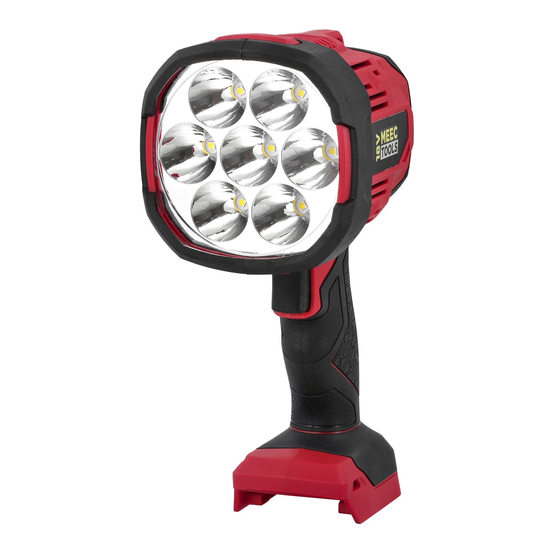 En röd och svart Meec Tools Multiseries LED-strålkastare LD-18V HOME 300 med sju lampor, grepphandtag och stadig bas.