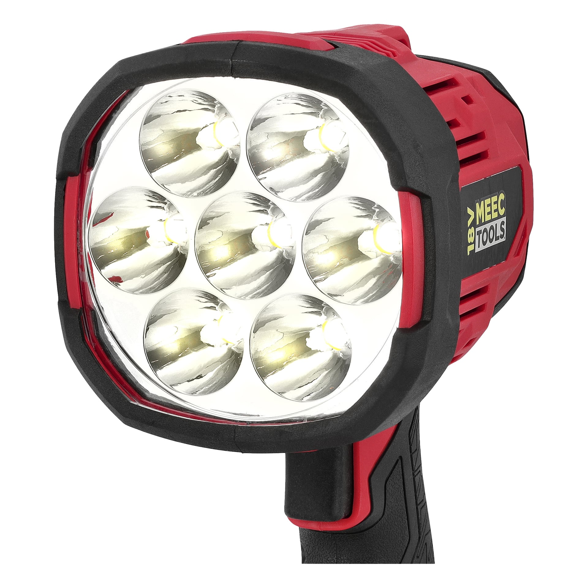 Närbild på en röd och svart handhållen LED-strålkastare LD-18V HOME 300 med sju cirkulära LED-lampor, märkt Meec Tools Multiseries.