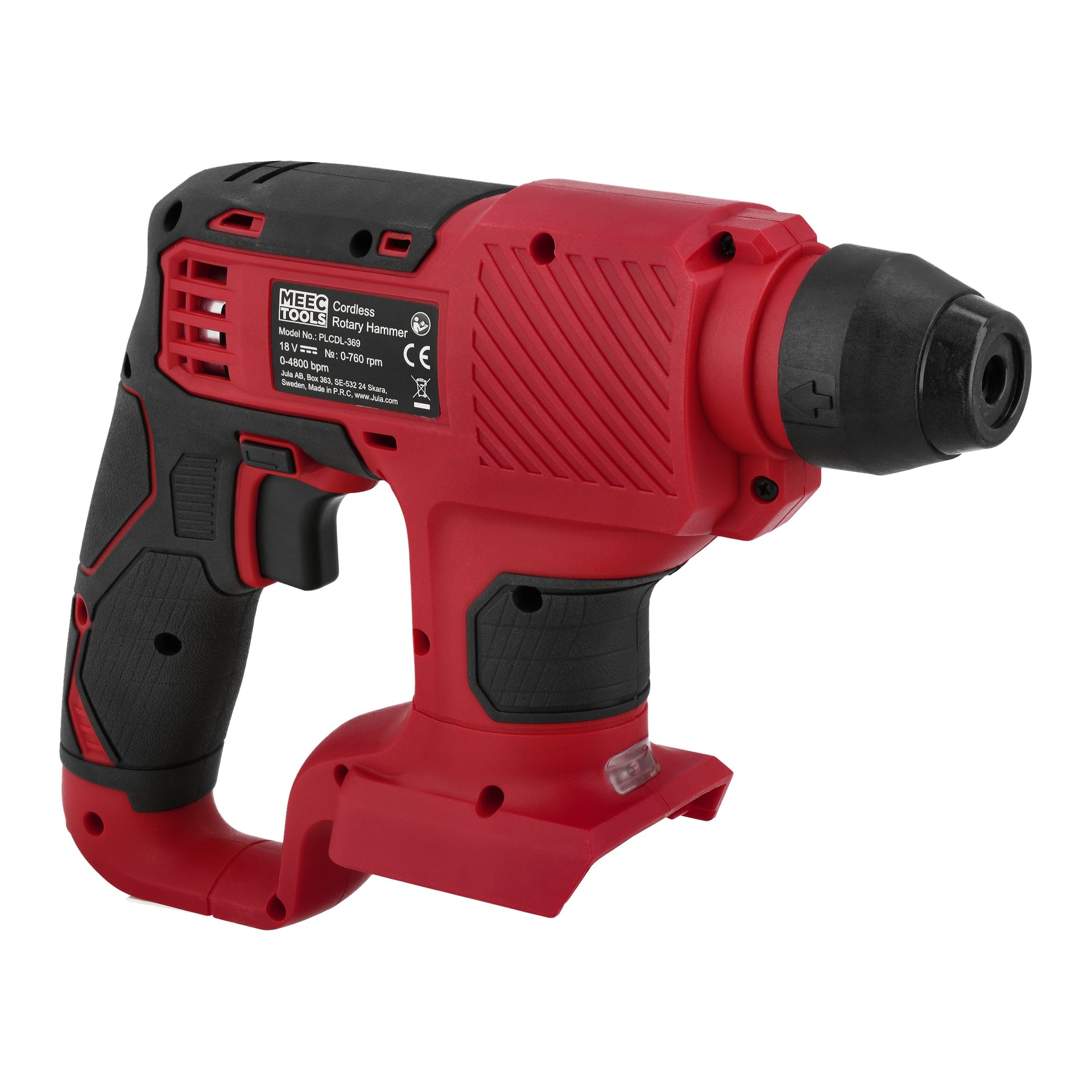 Wiertarka młotowa Meec Tools Multiseries HD-18V EASY 100 ma kolory czerwono-czarne, uchwyt oraz widoczną etykietę.