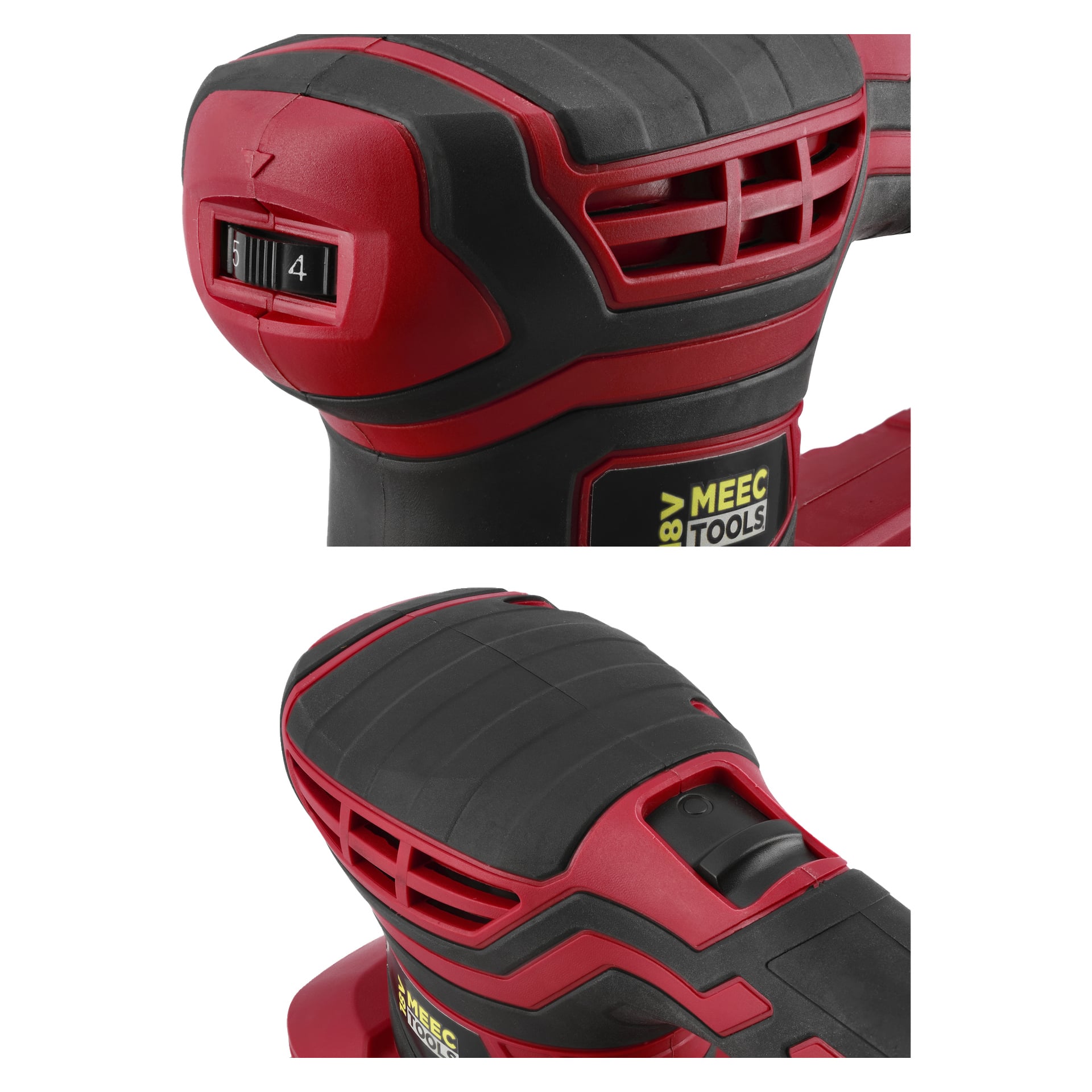 Närbild på ett rött och svart Meec Tools Multi-slip 3-i-1-kit med numrerad ratt, ventil, texturerat grepp och 18V-etikett.