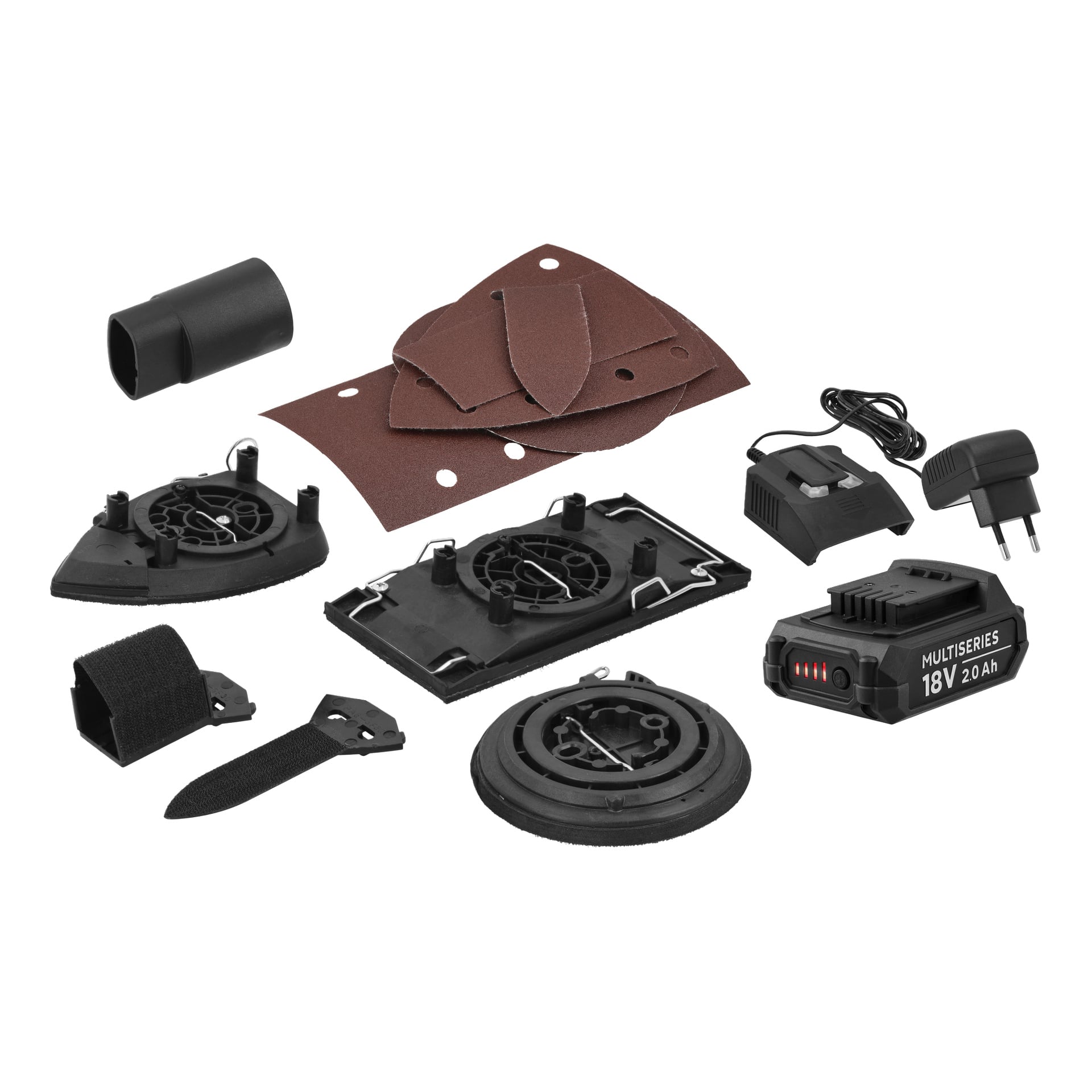 Meec Tools Multiseries 3-i-1 Multi-slipmaskin SM-18V HOME 500 med svarta tillbehör, slipplattor, tillbehör, batteri och laddare.