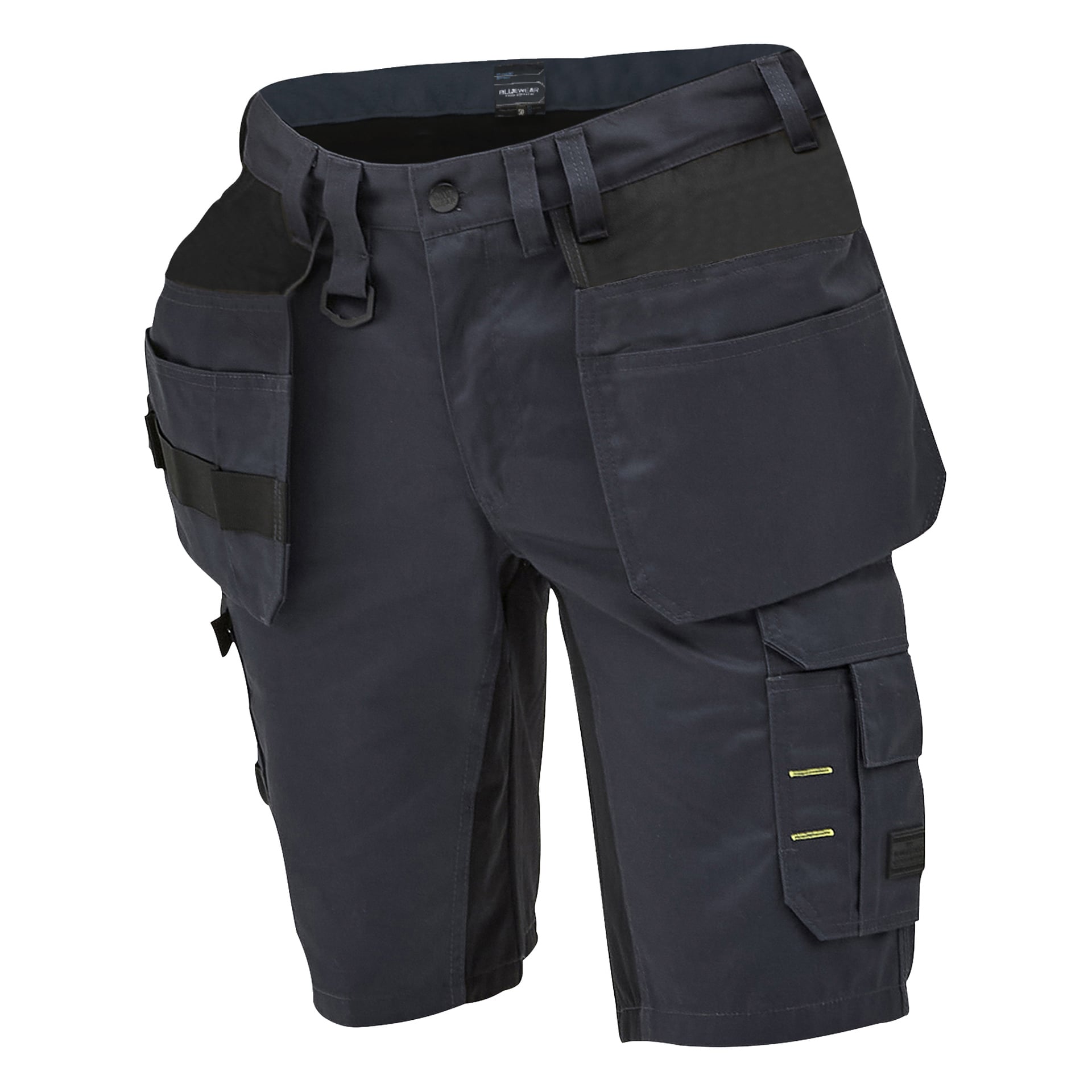 Mørke arbeidsshorts med flere løkker og romslige cargolommer, laget av robust, slitesterkt stoff.