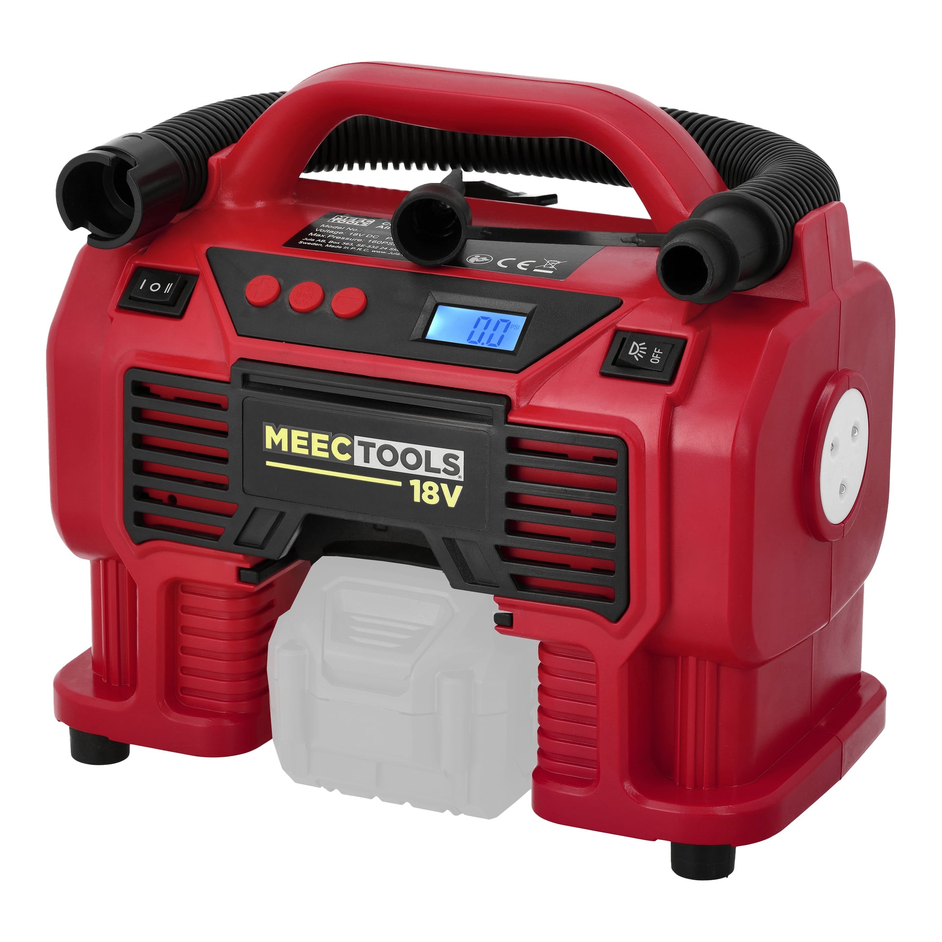 Red Meec Tools CP-18V HOME 330 luftkompressor, med LCD-skjerm, kontrollknapper, slangefeste og batterirom i bunnen.