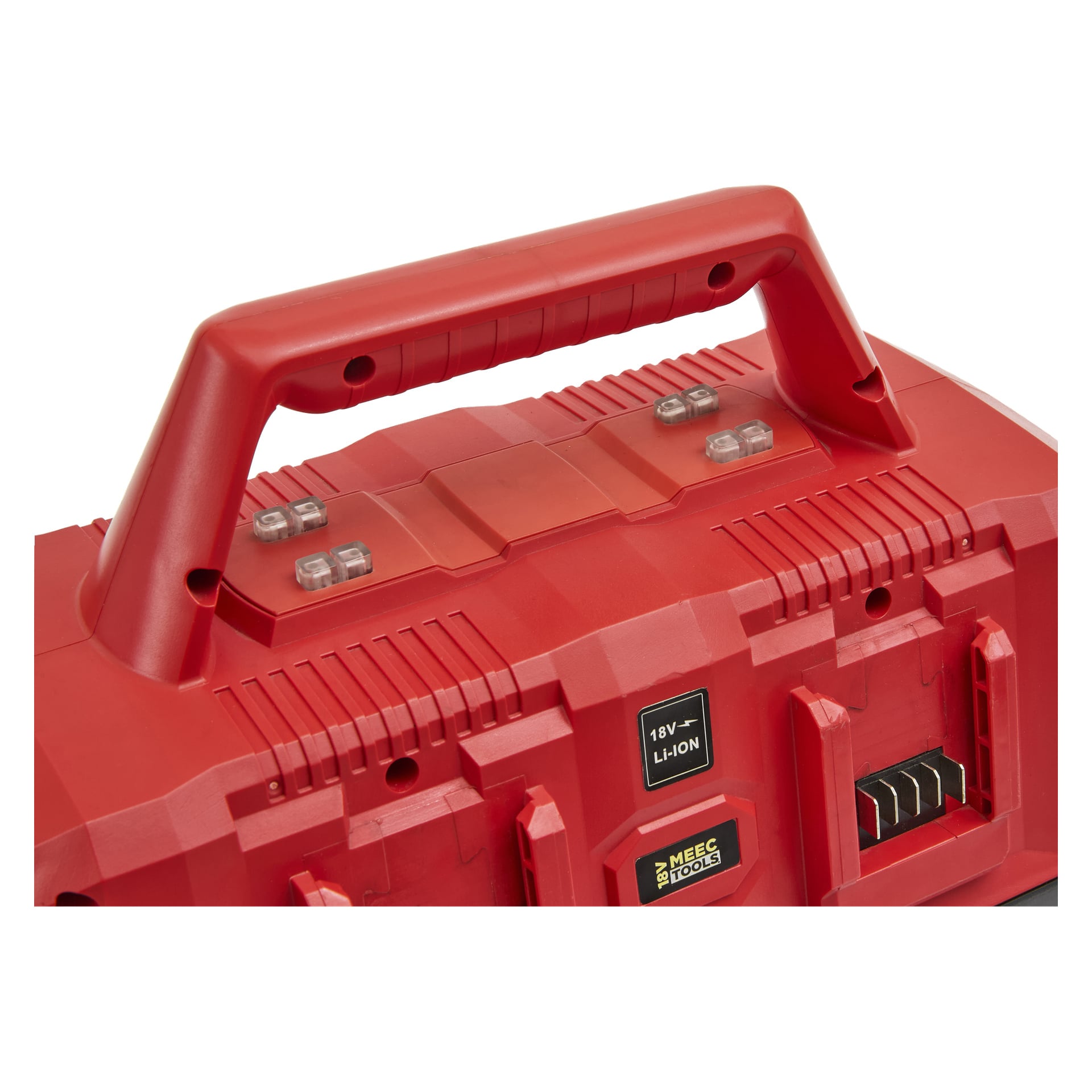 Szczegółowy widok uchwytu i górnej części czerwonej ładowarki Meec Tools Multiseries 4-port, z otworami wentylacyjnymi, etykietami, gniazdami i kompatybilnością 18V.
