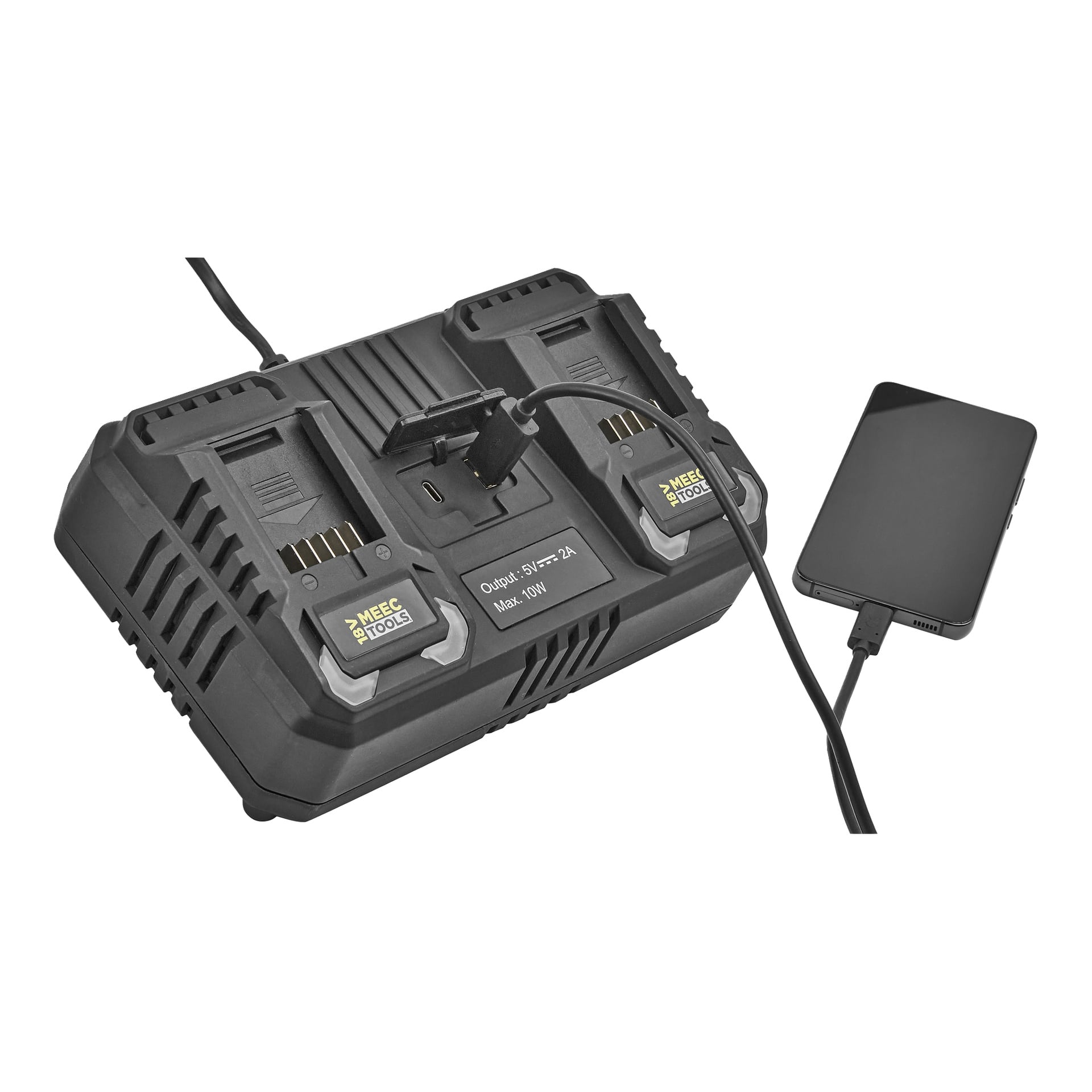 Meec Tools Multiseries 2-portars laddare CH-18V HOME 530, med två batteriplatser och USB-port, laddar en smartphone via kabel.