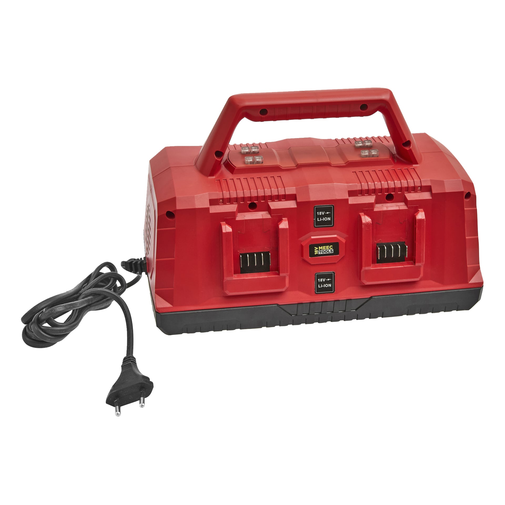 Ładowarka Meec Tools Multiseries z 4 portami z uchwytem, czterema gniazdami na baterie Li-ion 18V, kontrolkami i czarnym dwubolcowym kablem zasilającym.