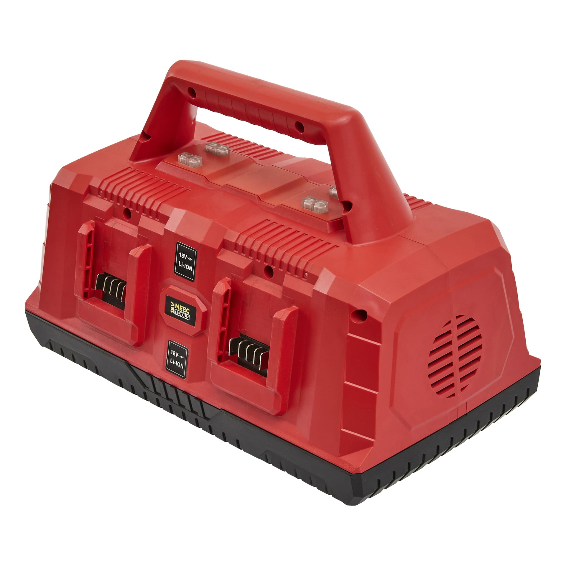 Ładowarka Red Meec Tools Multiseries 4-portowa z uchwytem, otworami wentylacyjnymi, kontrolkami i czterema gniazdami do ładowania akumulatorów 18V Li-ion.