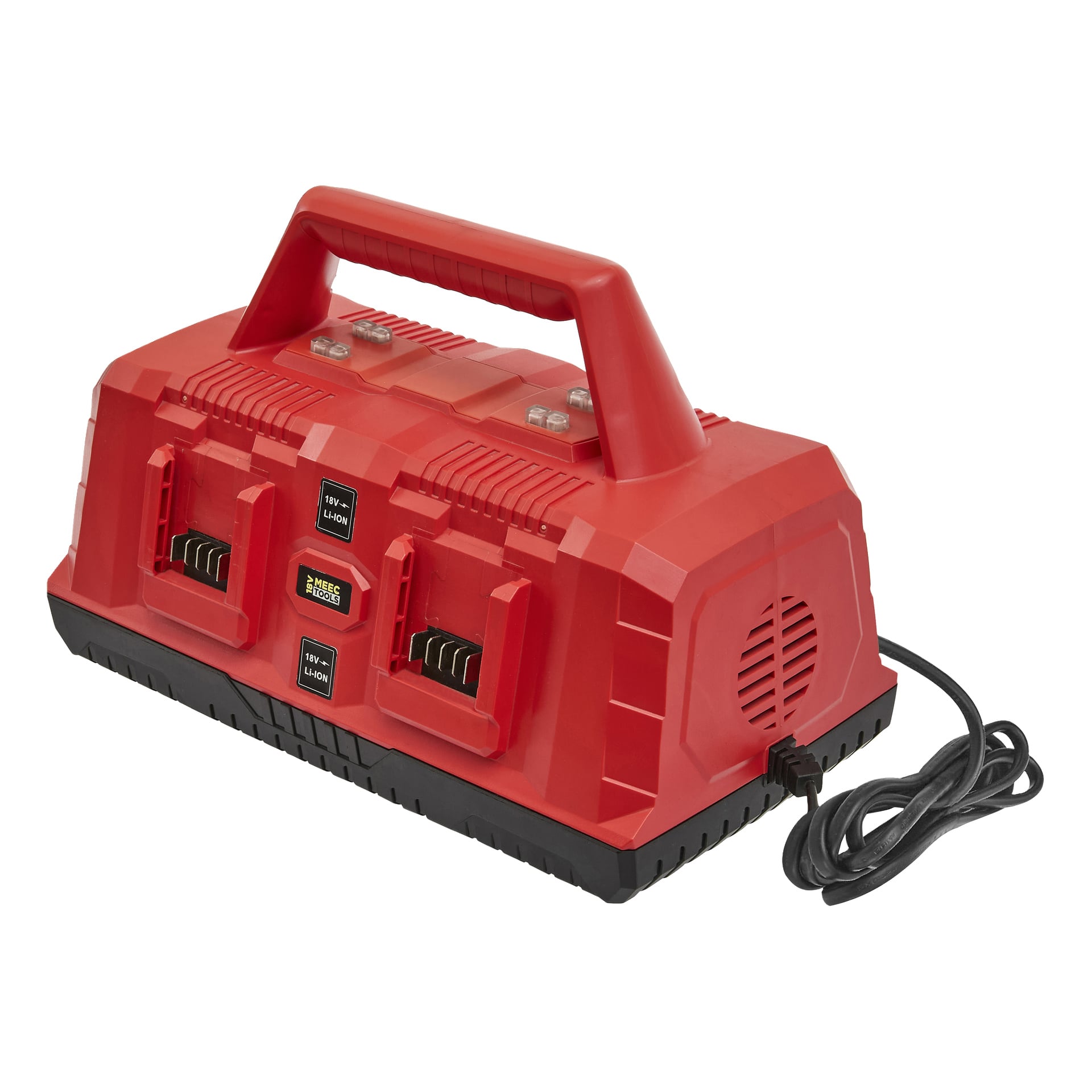 Ładowarka Meec Tools Multiseries CH-18V WORK 700 z czarnym kablem zasilającym, czterema gniazdami, kontrolkami i górnym uchwytem.
