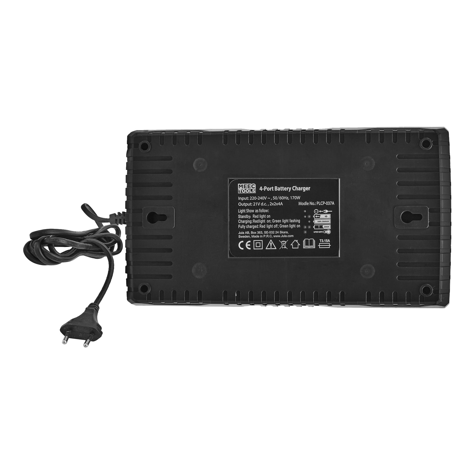 Ładowarka Meec Tools Multiseries 4-port CH-18V WORK 700 jest do góry nogami, pokazując etykietę specyfikacji oraz lewy kabel zasilający.