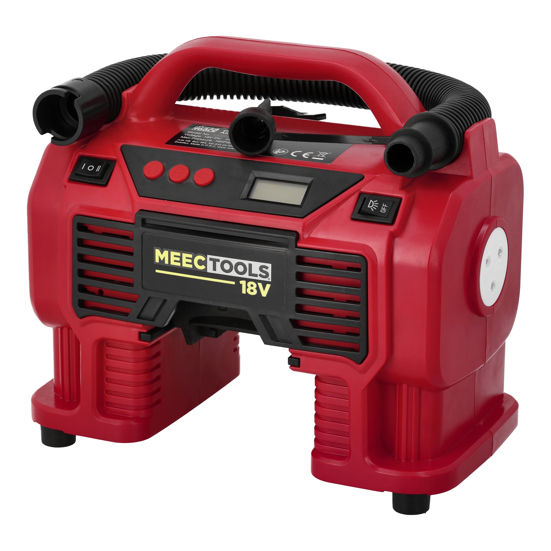 Red Meec Tools Multiseries CP-18V HOME 330 luftkompressor med digital skjerm, kontrollknapper, håndtak og svarte luftslanger.
