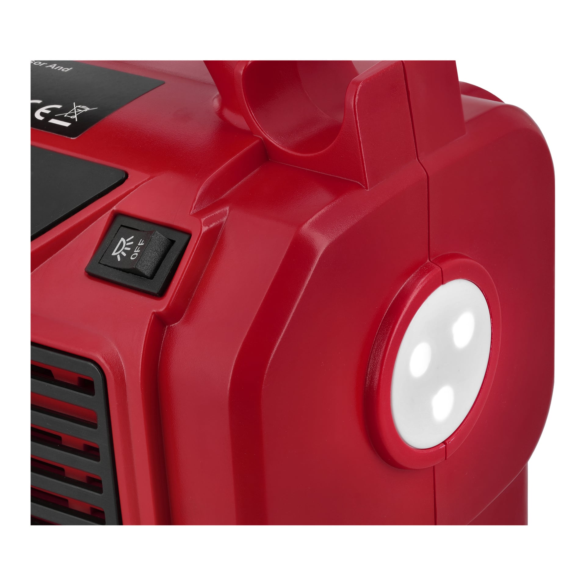 Nærbilde av den røde Meec Tools Multiseries CP-18V HOME 330 luftkompressoren med svart av/på-bryter, hvit skive og sideventiler.