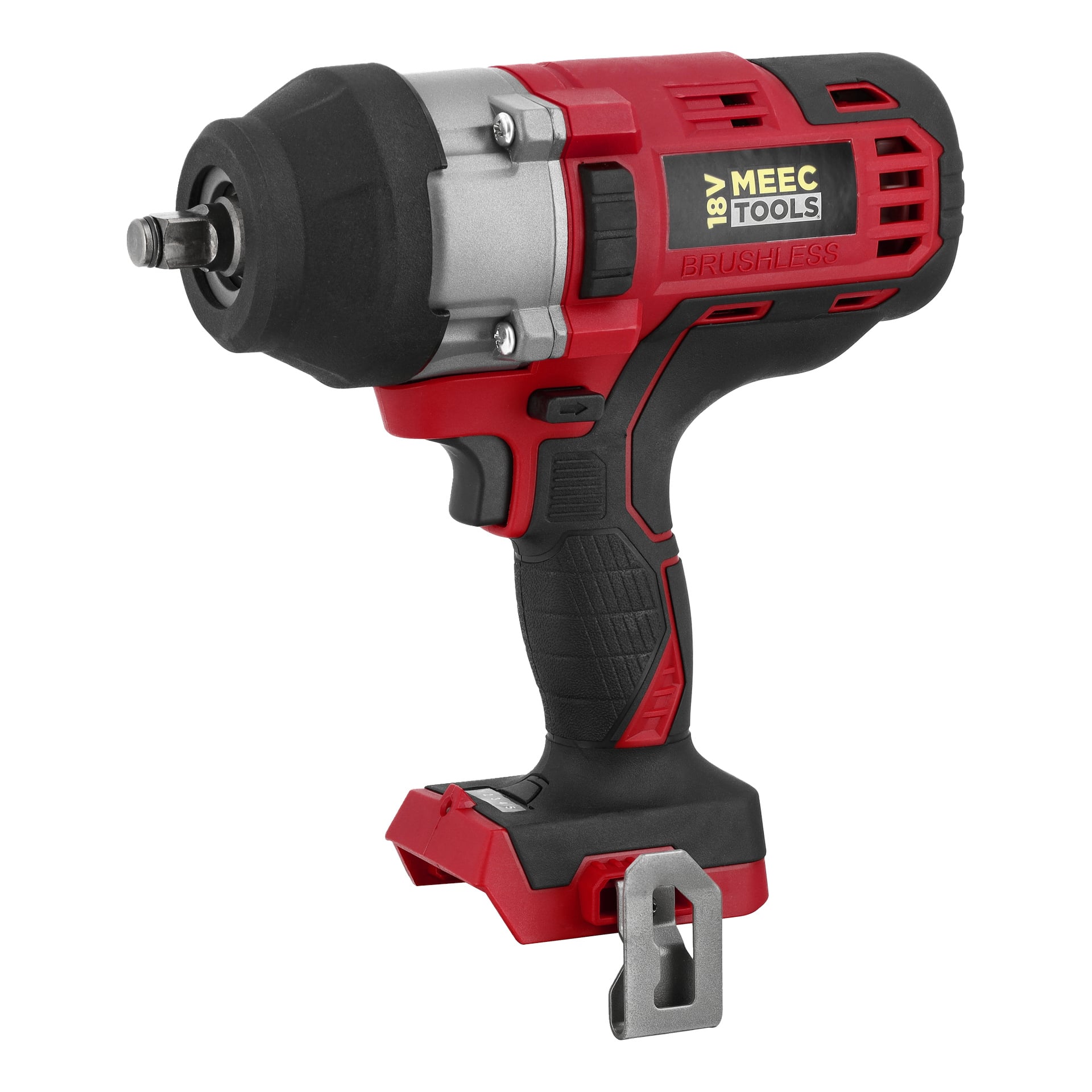 Meec Tools IW-18V WORK 700 to czerwono-bezprzewodowy klucz udarowy z etykietą 18V, metalową głowicą i wyjmowaną baterią.
