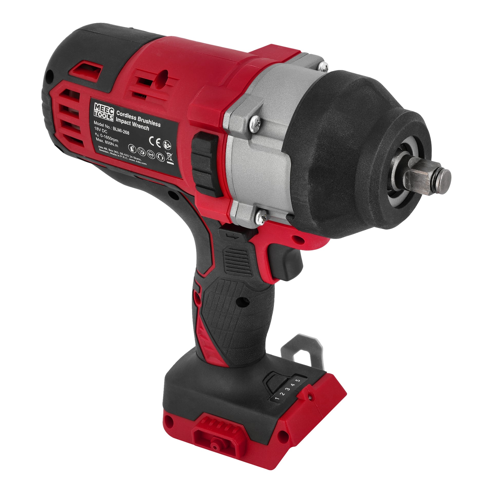 Czerwono-klucz udarowy Meec Tools IW-18V WORK 700 z silnikiem bezszczotkowym, gumowym uchwytem, metalowym kowadłem i pustym slotem na baterię.