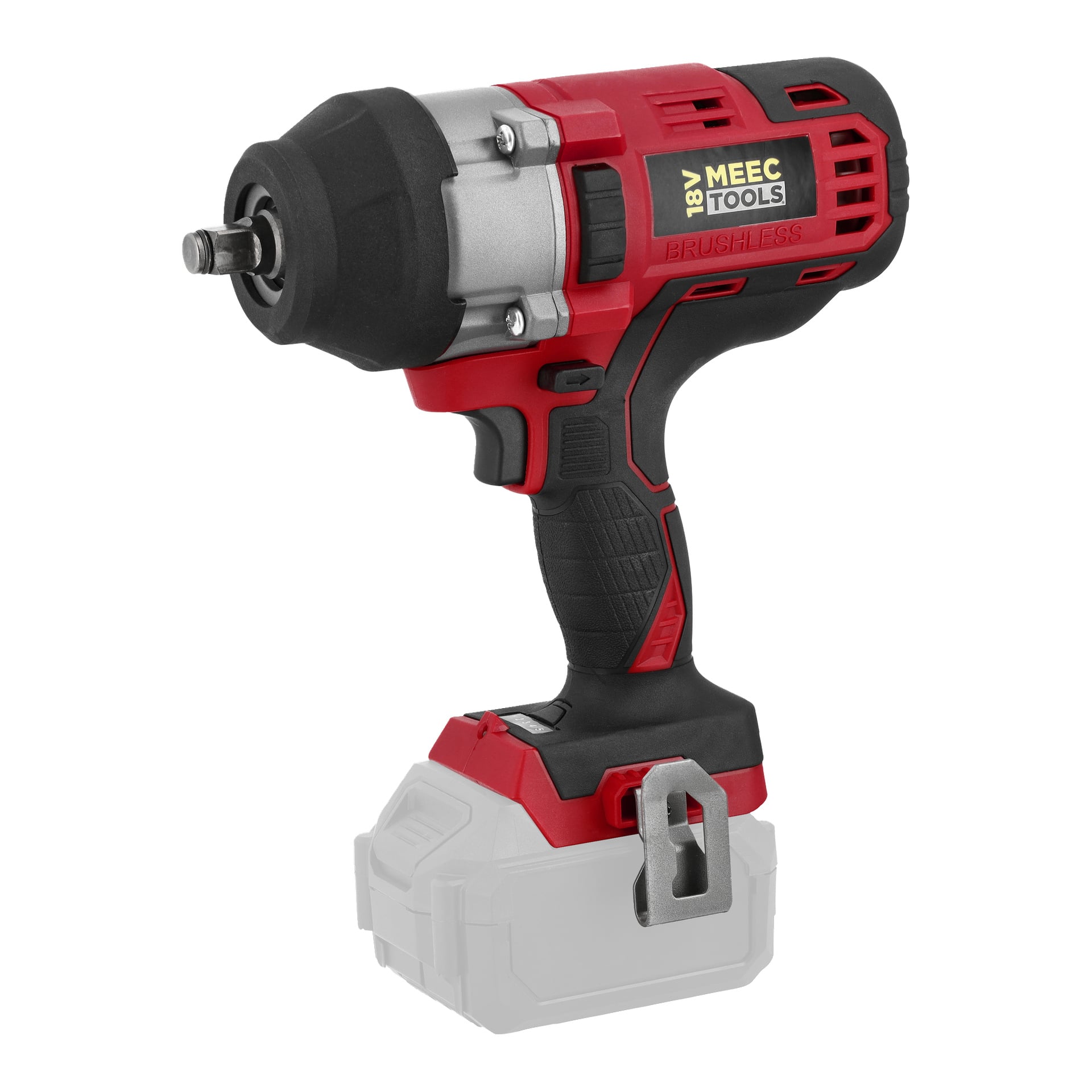 Czerwono-Meec Tools Multiseries IW-18V WORK 700, klucz udarowy bez baterii, z silnikiem bezszczotkowym i klipsem do paska.