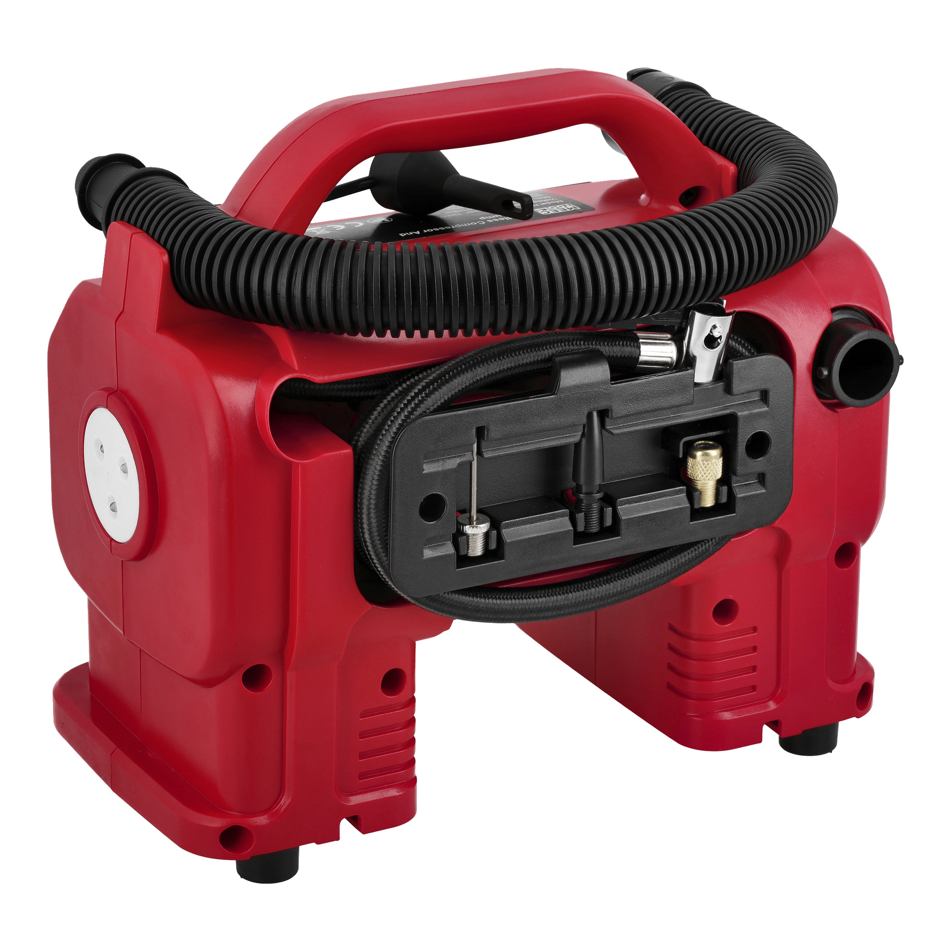 Roter batteriebetriebener Meec Tools CP-18V HOME 330 Luftkompressor mit schwarzem Griff, aufgerolltem Schlauch, mehreren Aufsätzen und vier Beinen.