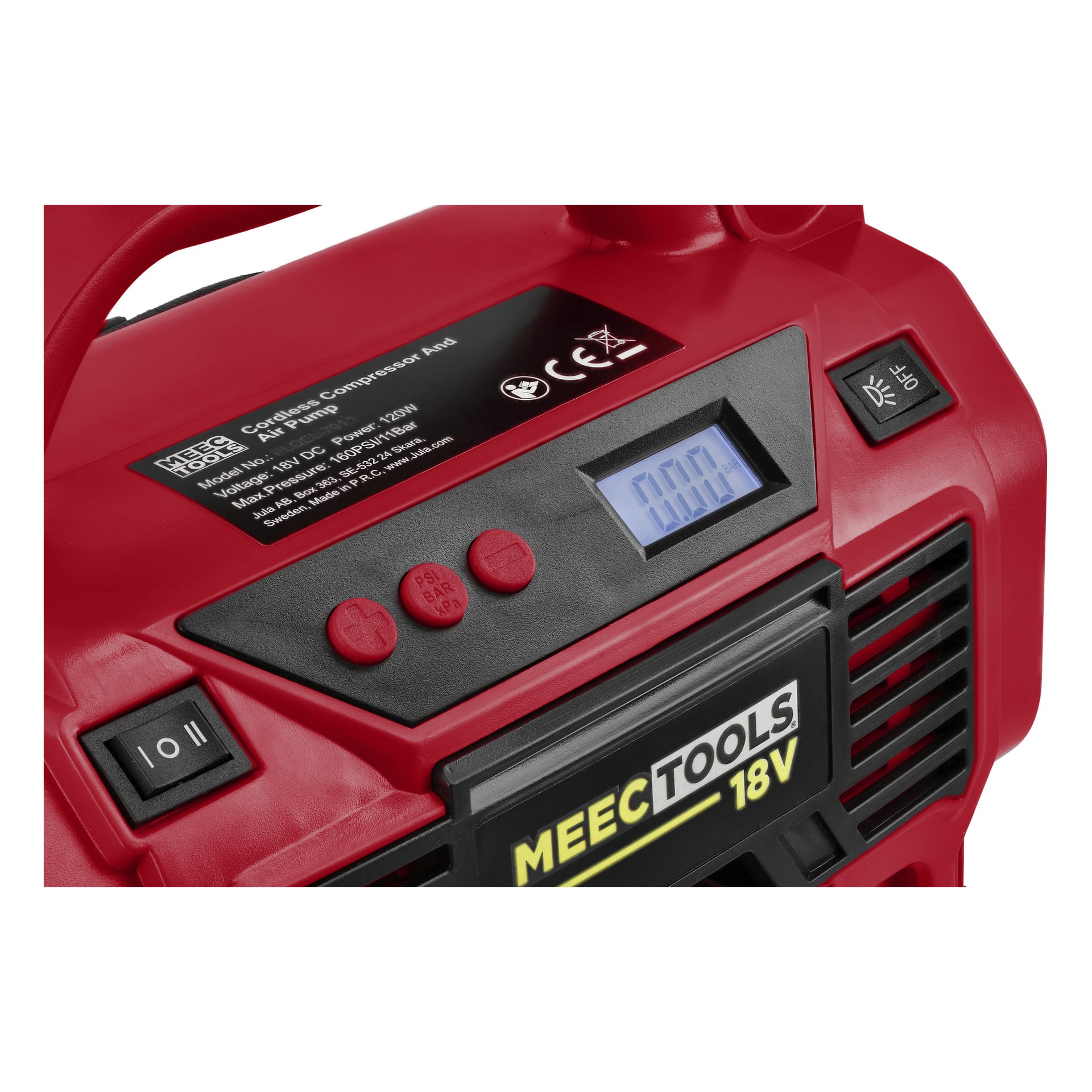 Närbild på ett rött Meec Tools CP-18V HOME 330 luftkompressorkit med LCD-display, kontrollknappar, strömbrytare, etikett och varningsikoner.