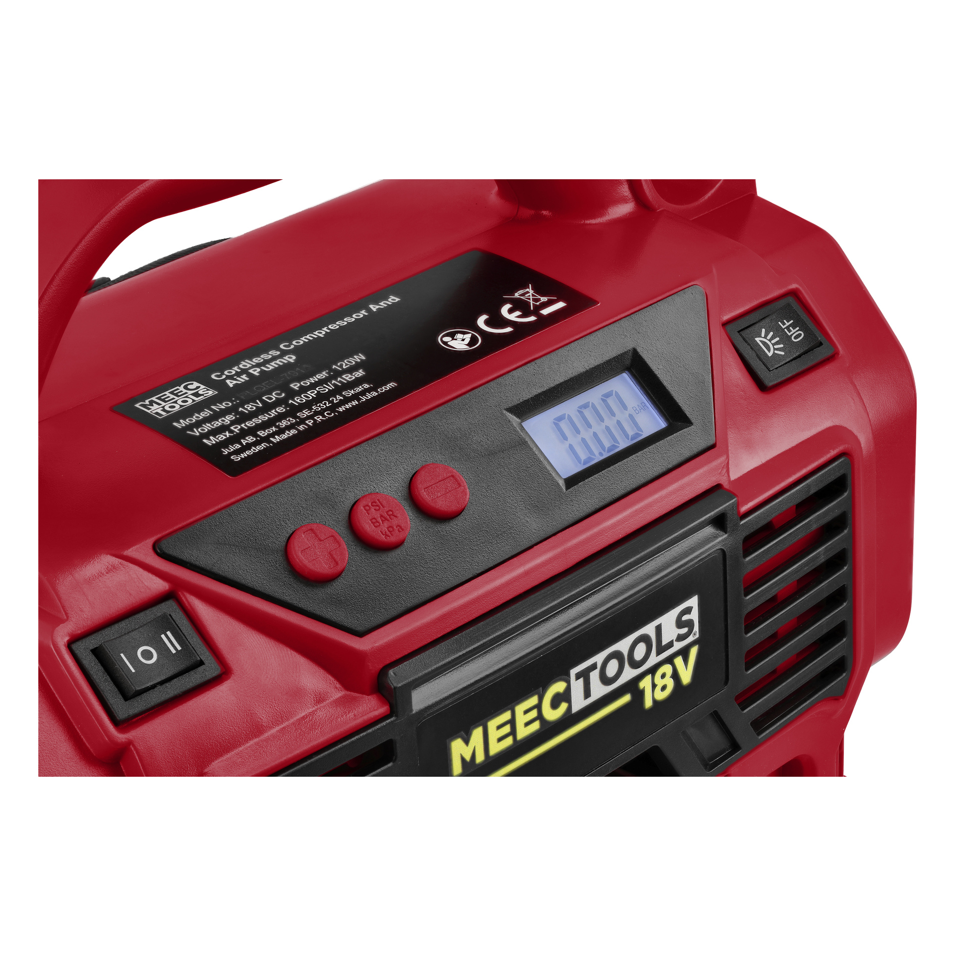 Nahaufnahme eines roten Meec Tools CP-18V HOME 330 Luftkompressor-Kit mit LCD-Display, Bedientasten, Einschaltschalter, Etikett und Warnsymbolen.