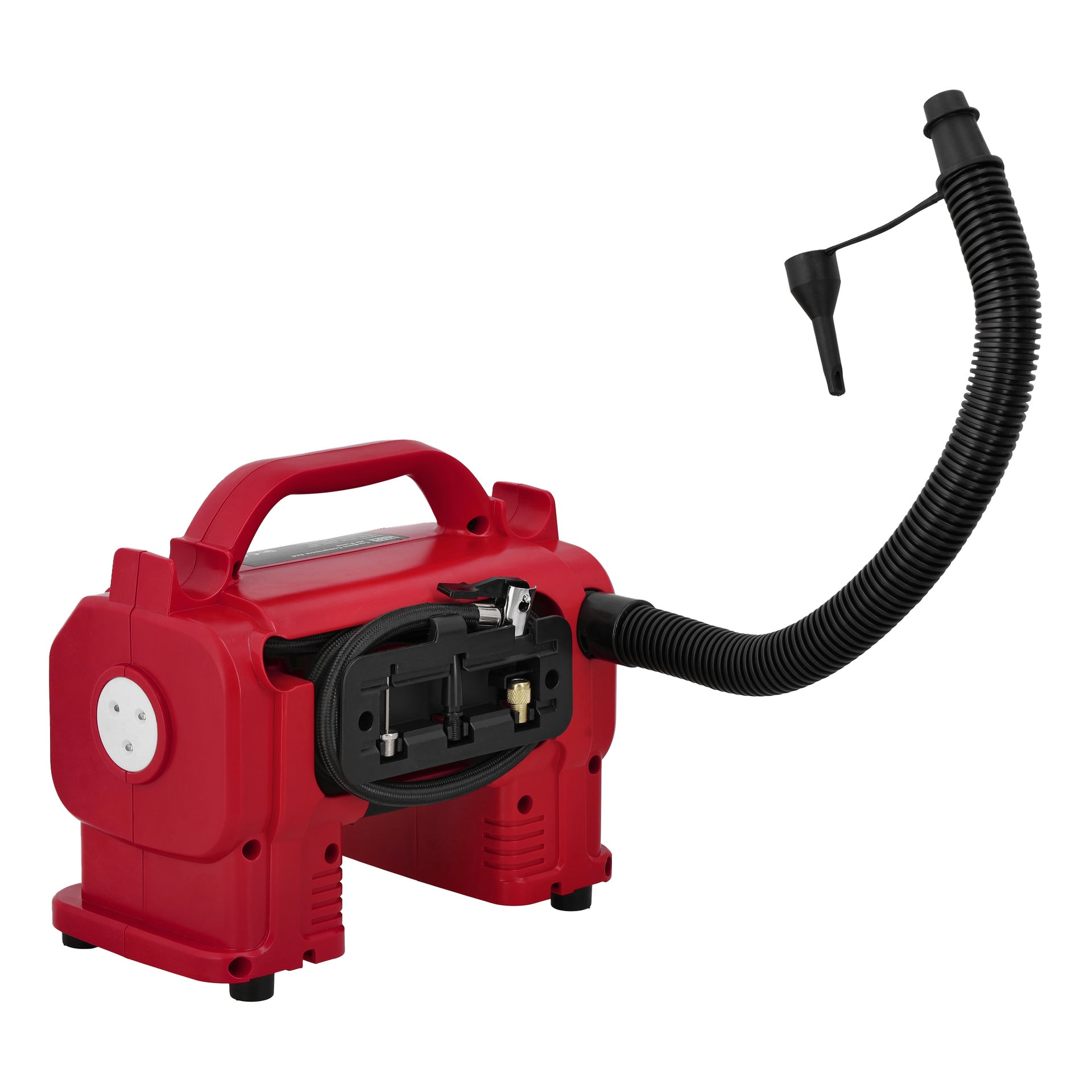 Meec Tools Multiseries CP-18V HOME 330 är ett rött sladdlöst kompressorkit med handtag, svart slang och munstyckstillbehör.