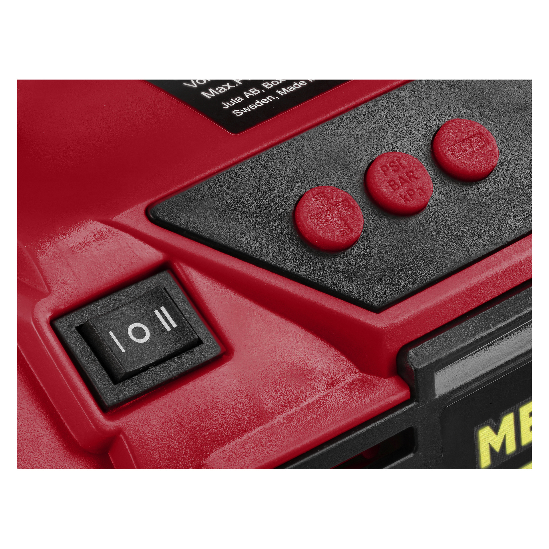 Detaillierte Ansicht des Meec Tools Multiseries Air Compressor CP-18V HOME 330, mit Hervorhebung des schwarzen Schalters, roten Knöpfen und des Etiketts.