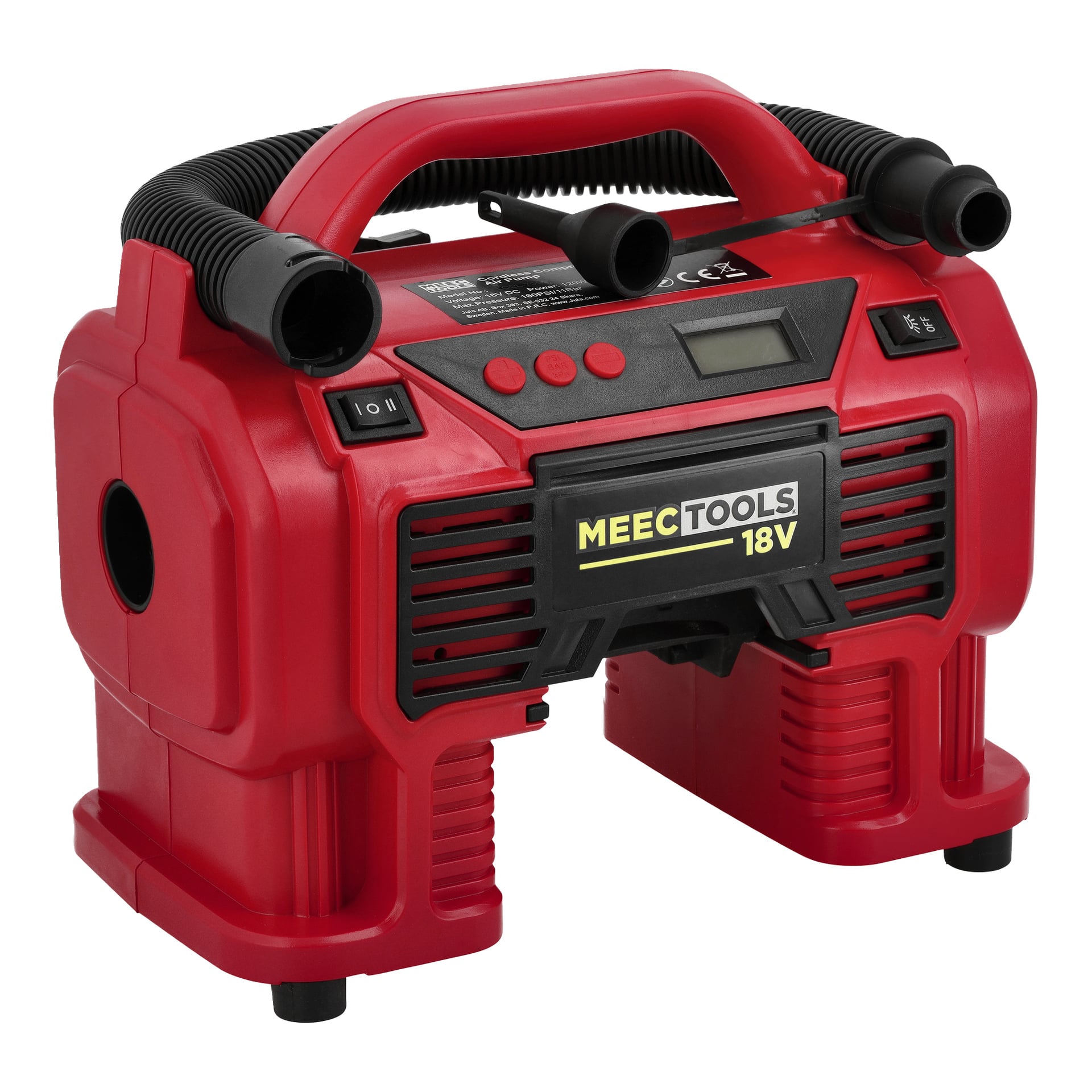 Red Meec Tools Multiseries CP-18V HOME 330 sladdlös luftkompressorkit med svart display, knappar, handtag och slangfästen ovanpå.