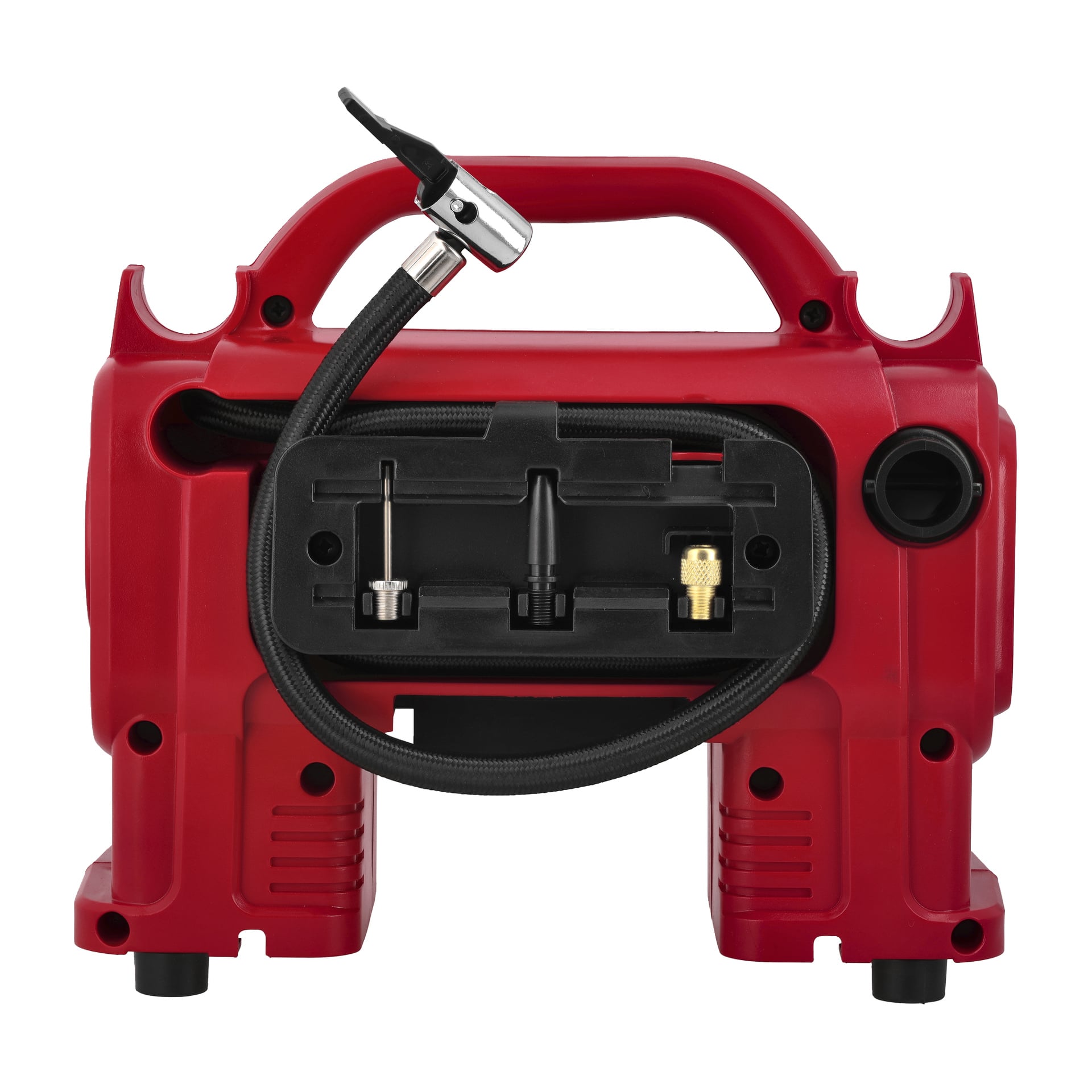 Batteridriven Meec Tools Multiseries CP-18V HOME 330 luftkompressorkit med svart slang, munstycke, ventiladaptrar och handtag.