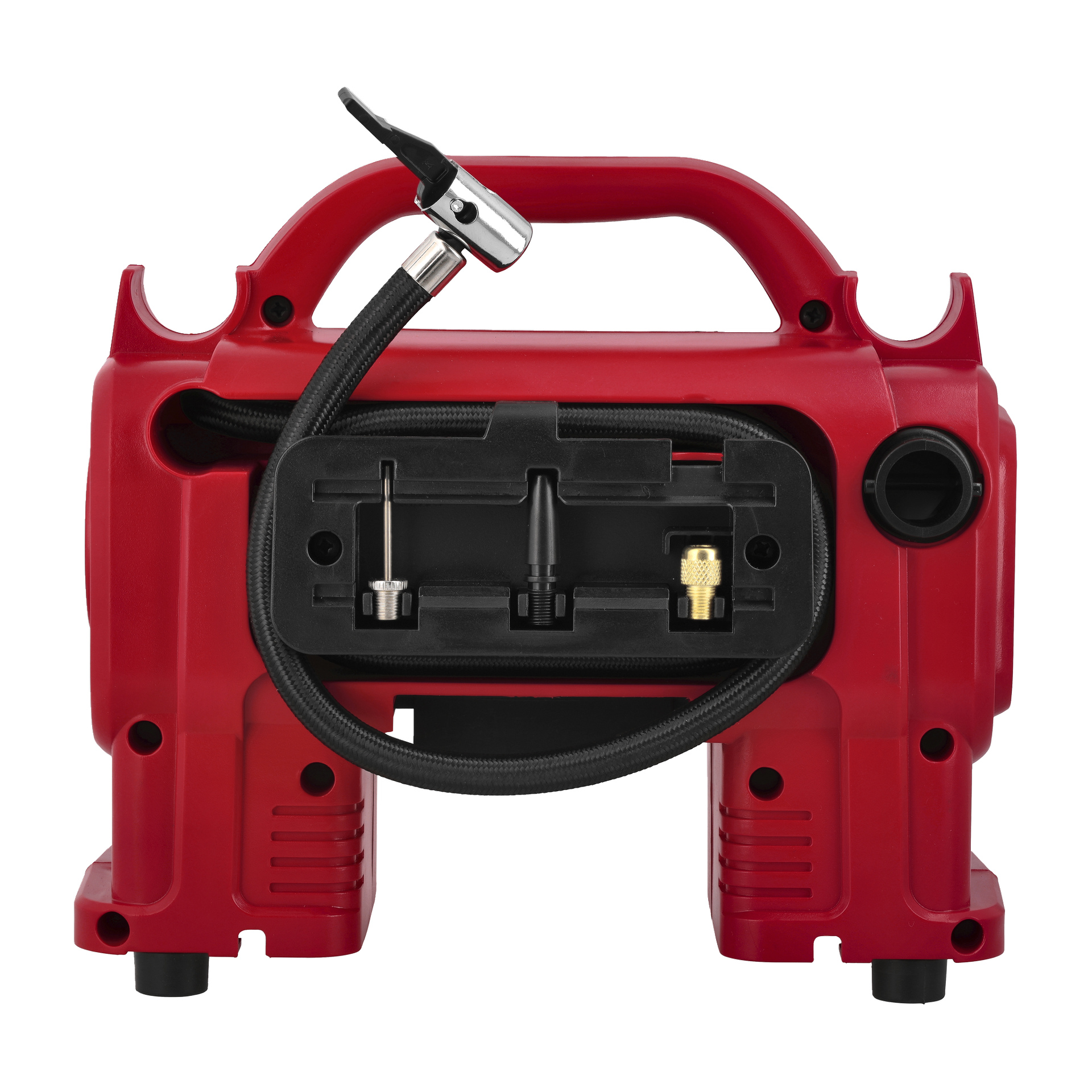Batteriebetriebener Meec Tools Multiseries CP-18V HOME 330 Luftkompressor-Kit mit schwarzem Schlauch, Düse, Ventiladapter und Griff.