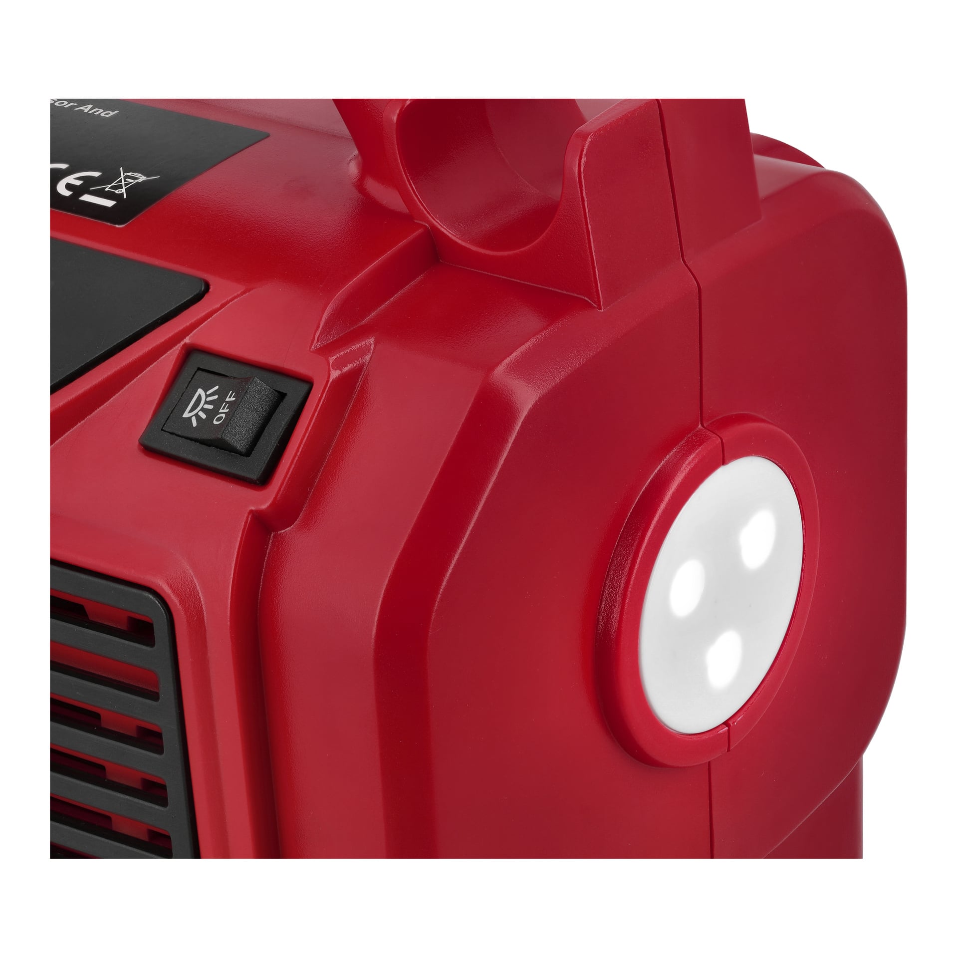Närbild på en röd Meec Tools Multiseries sladdlös luftkompressor med svart strömbrytare, rund tre-LED-lampa, handtag och ventil.