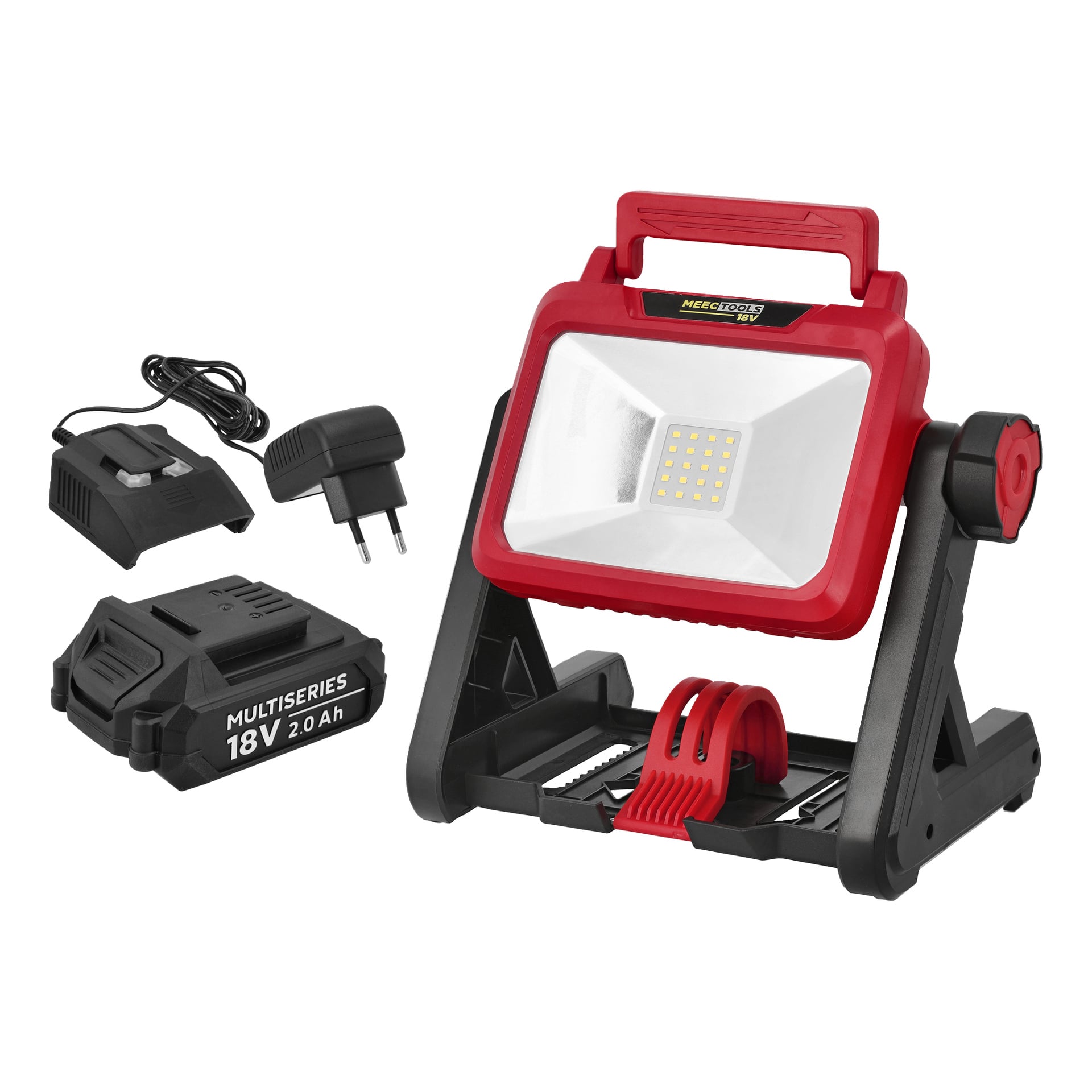Portabel Meec Tools LD-18V HOME 500 sladdlös LED-arbetslampa i rött och svart, avbildad med batteri, laddare och strömadapter.
