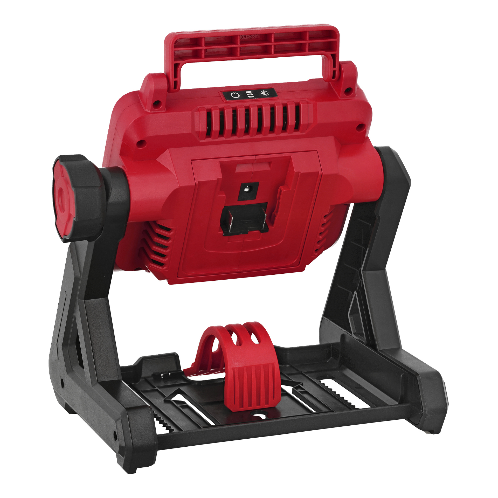 Baksida av Meec Tools LD-18V HOME 500 arbetslampa, röd och svart med handtag och justerbart ställ på en plan yta.