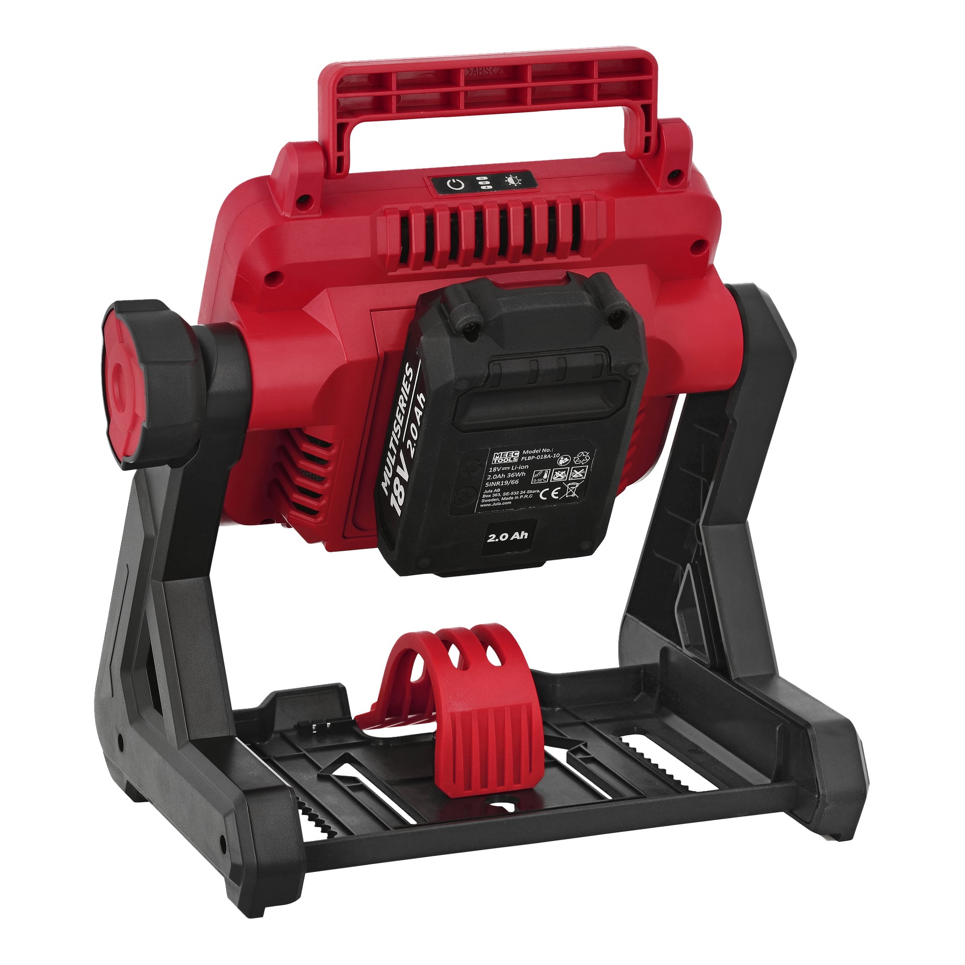 Röd och svart Meec Tools Multiseries arbetslampa med topphandtag, stort batteripaket bak och stadig bas för stabil placering.