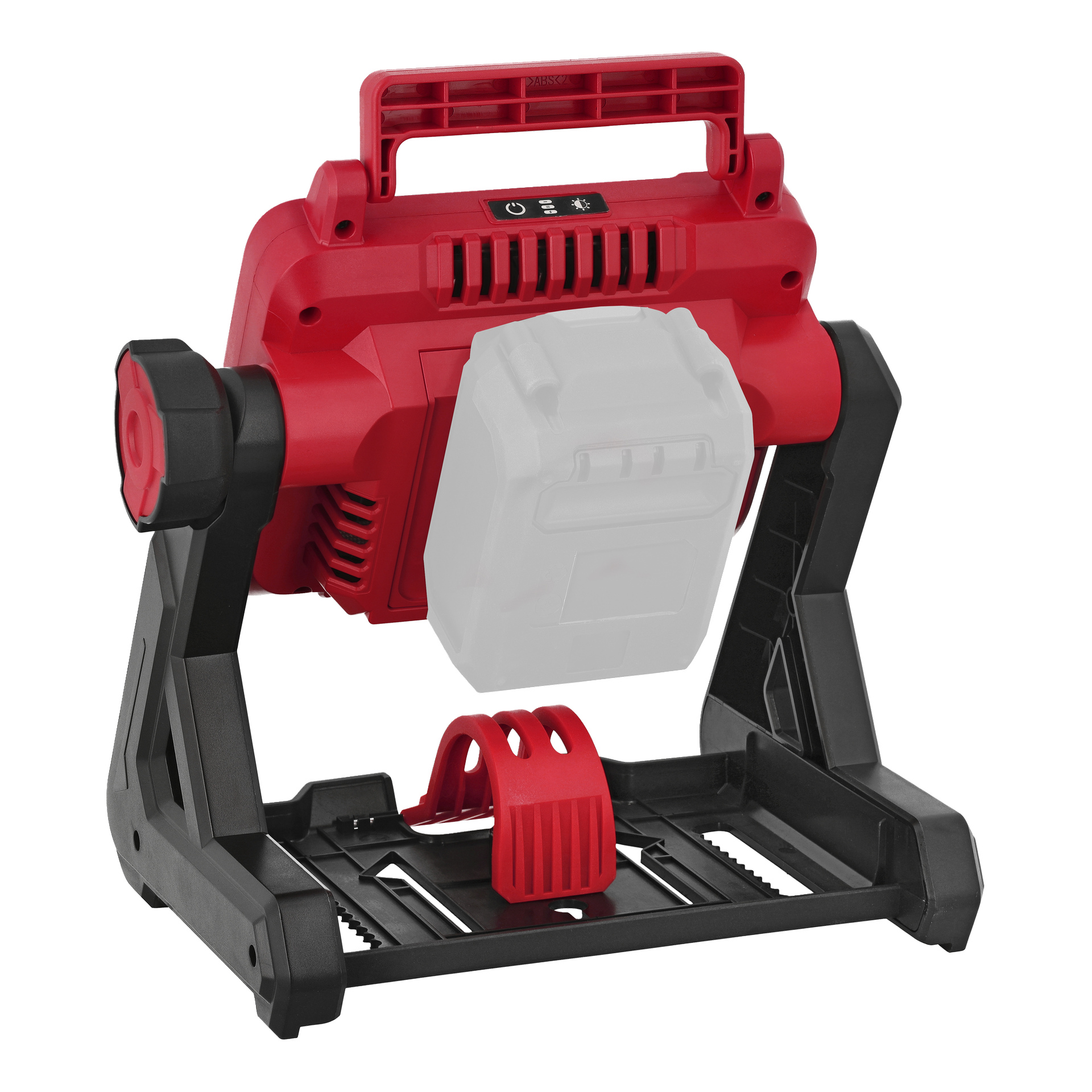 Meec Tools Multiseries LD-18V HOME 500 är en röd och svart portabel arbetslampa med handtag, stadig ram och batterifack.