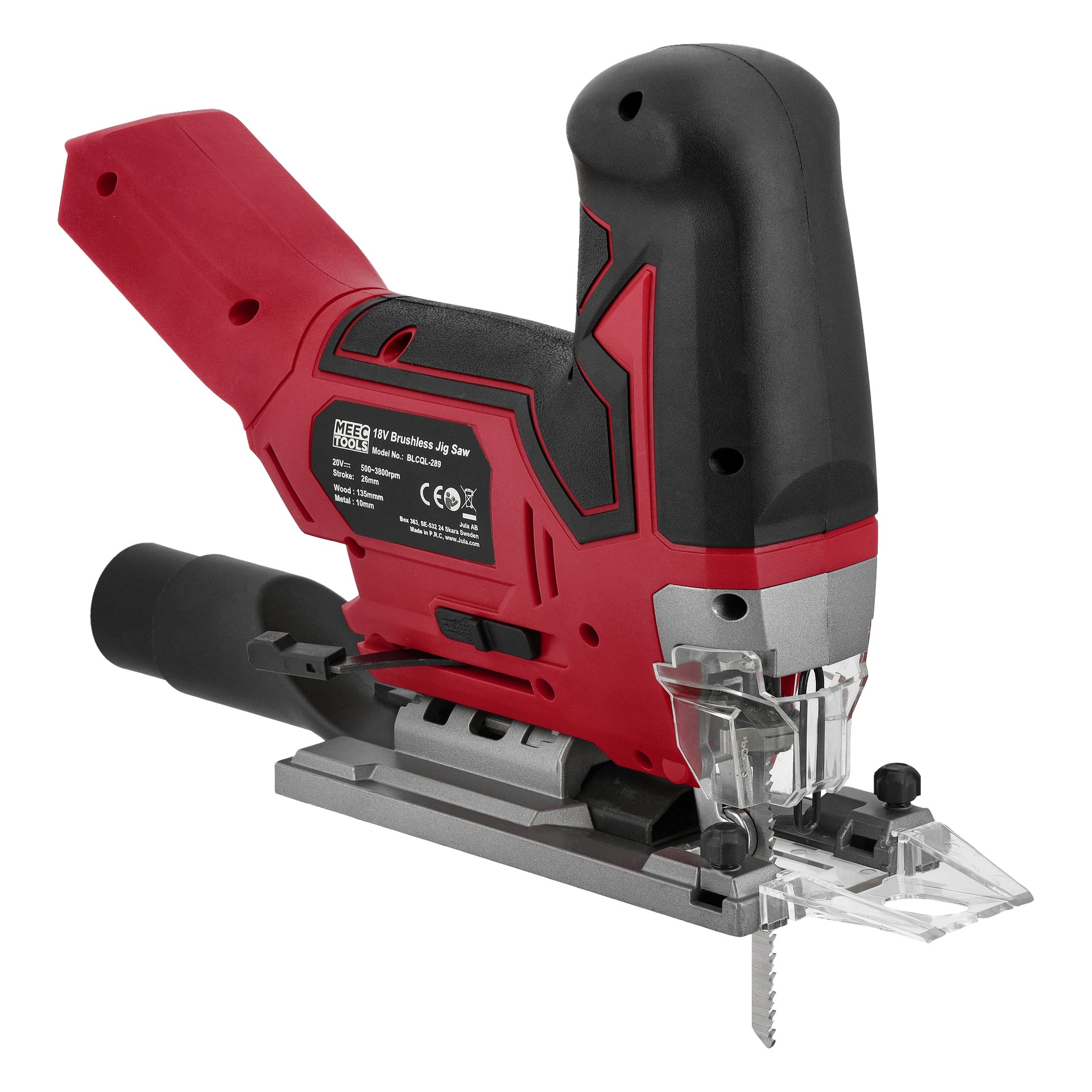 Meec Tools Multiseries Jigsaw JS-18V WORK 700 to czerwono-bezprzewodowa wyrzynarka z srebrną podstawą, przezroczystą opaską ostrza i widocznym ostrzem.