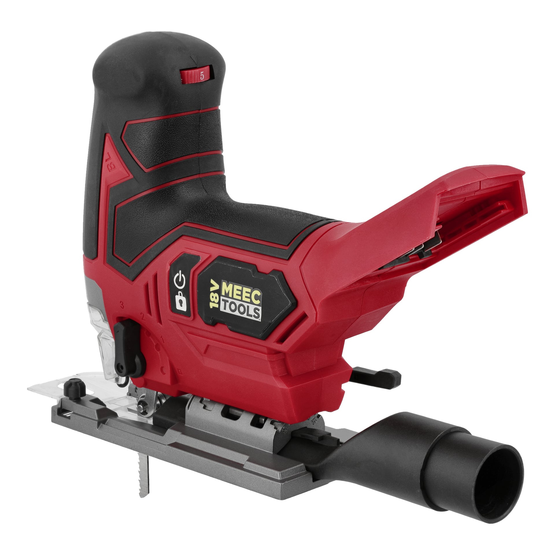 Czerwono-bezprzewodowa wyrzynarka oznaczona "Meec Tools Multiseries JS-18V WORK 700" z czarną rękojeścią, dolnym ostrzem i przednim otworem pyłowym.