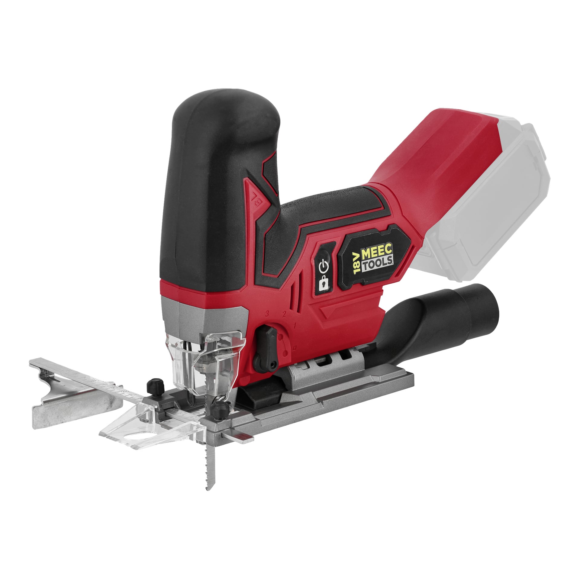 Czerwono-Meec Tools Multiseries Jigsaw JS-18V WORK 700, metalowa podstawa, przezroczysta osłona ostrza, logo po boku, pusty slot na baterię.