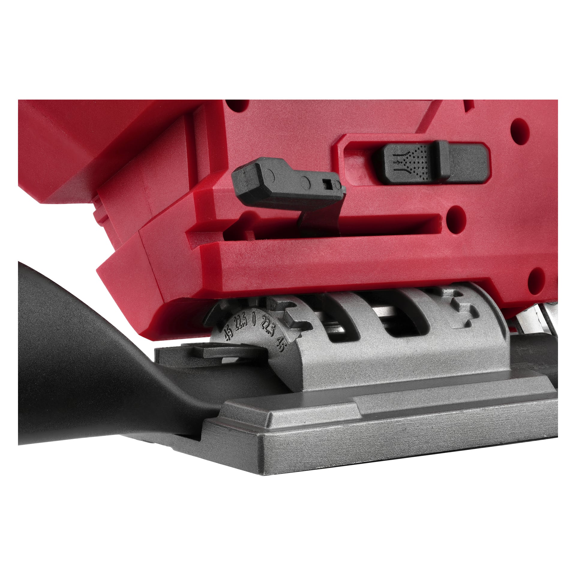 Szczegółowy widok regulacji wyrzutnicy Meec Tools Multiseries JS-18V WORK 700, z czarnymi oznaczeniami rękojeści i kątami.