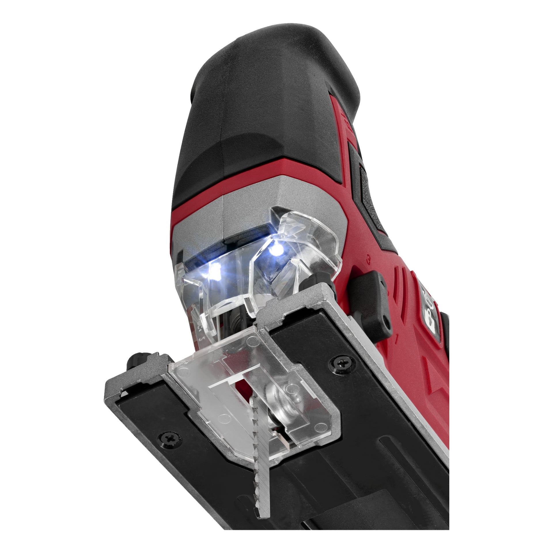 Szczegółowy widok wyrzynarki Meec Tools Multiseries JS-18V WORK 700 w kolorze czerwonym i czarnym, z dwoma diodami LED na obszarze cięcia.