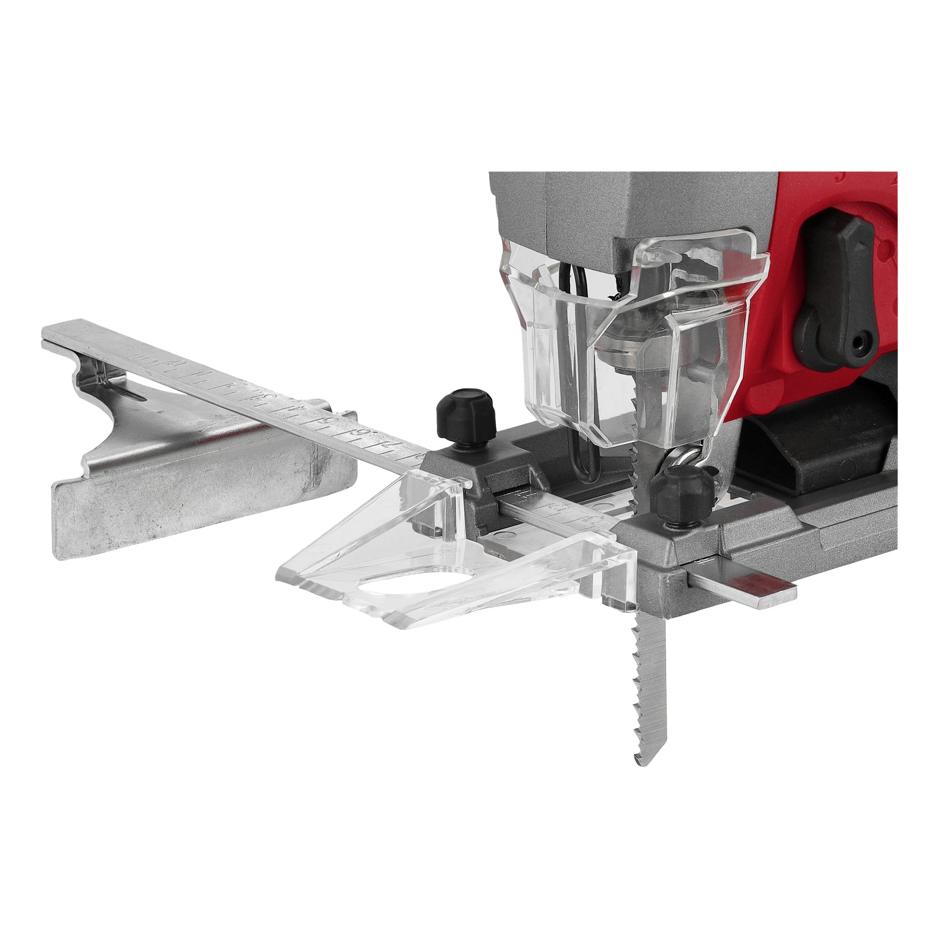 Czerwono-srebrna wyrzutnia Meec Tools Multiseries JS-18V WORK 700 z przezroczystą plastikową osłoną, prowadnicą linijki i dwoma odsłoniętymi ostrzami piły.