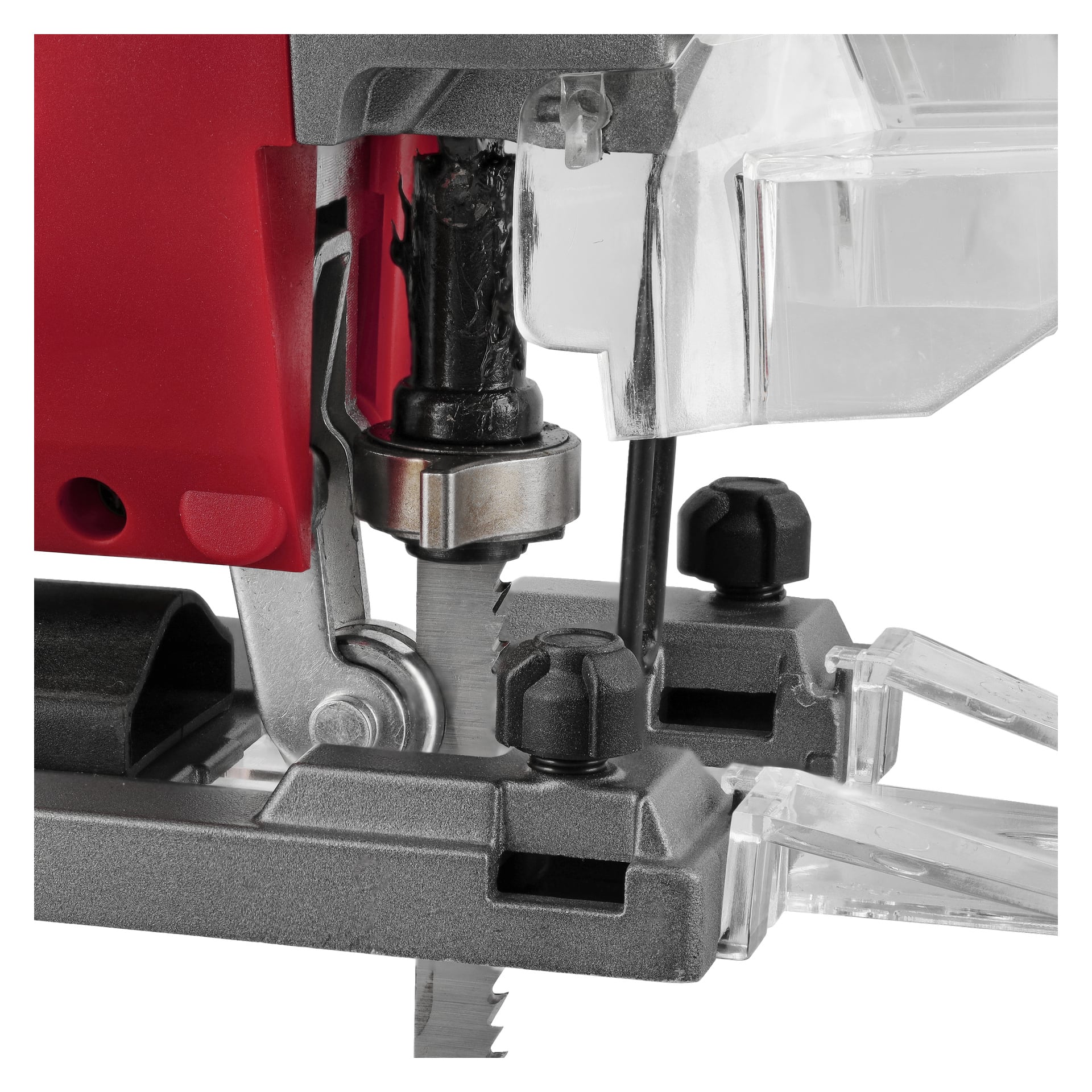 Szczegółowy widok wyrzynarki Meec Tools Multiseries JS-18V WORK 700, pokazując jej ostrze, zacisk, przezroczystą osłonę, pokrętła i czerwono-srebrną obudowę.