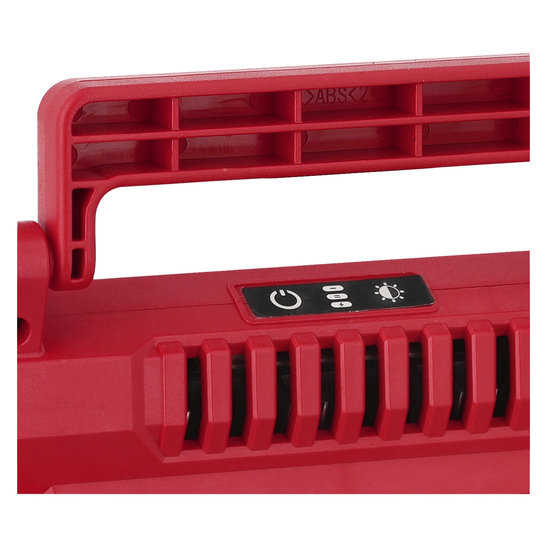 Närbild på Meec Tools Multiseries arbetslampshandtag, röd ABS-plast med ventilerade lameller, svart kontrollpanel och ljusikon.