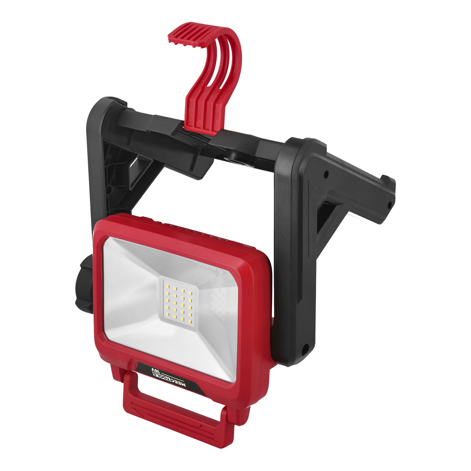 Meec Tools LD-18V HOME 500 arbetslampa har en röd och svart ram, vikbart stativ, röd krok och LED-lampgaller i mitten.