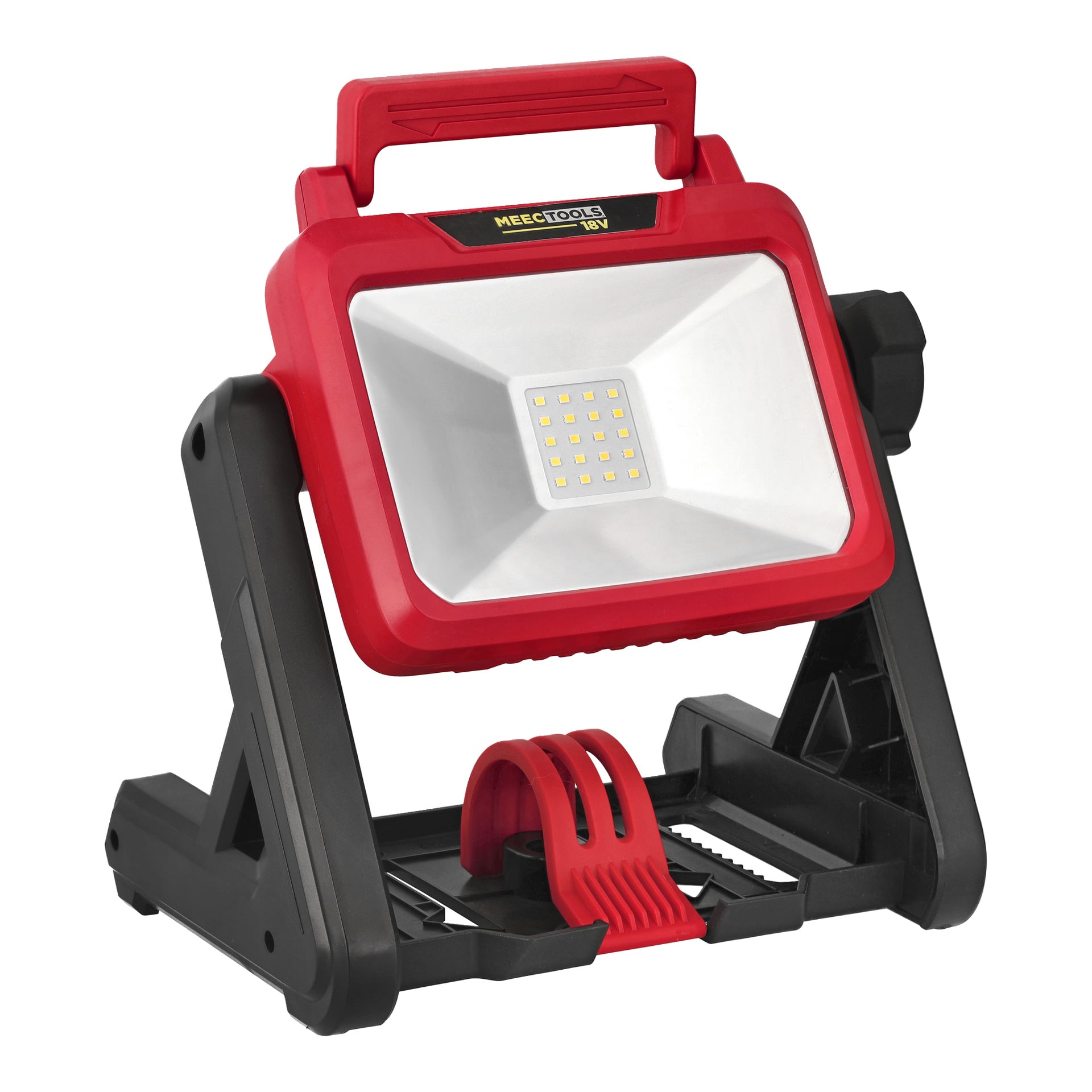 Meec Tools Multiseries LD-18V HOME 500 arbetslampa med rektangulär LED-panel, röd/svart ram, övre handtag och inbyggt ställ.