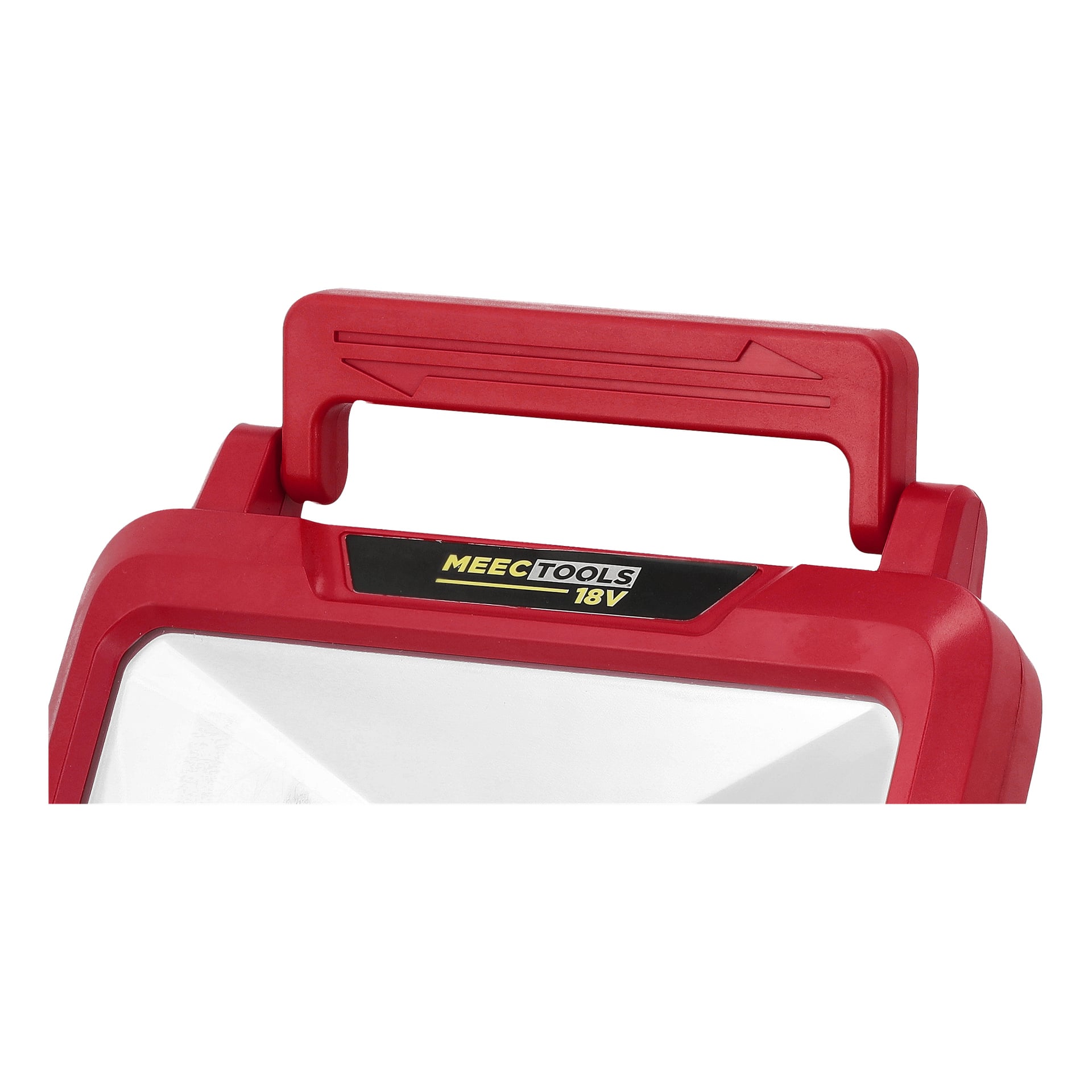 Röd, rektangulär batteridriven LD-18V HOME 500 arbetslampa med handtag och vit front; Etiketten säger Meec Tools Multiseries.
