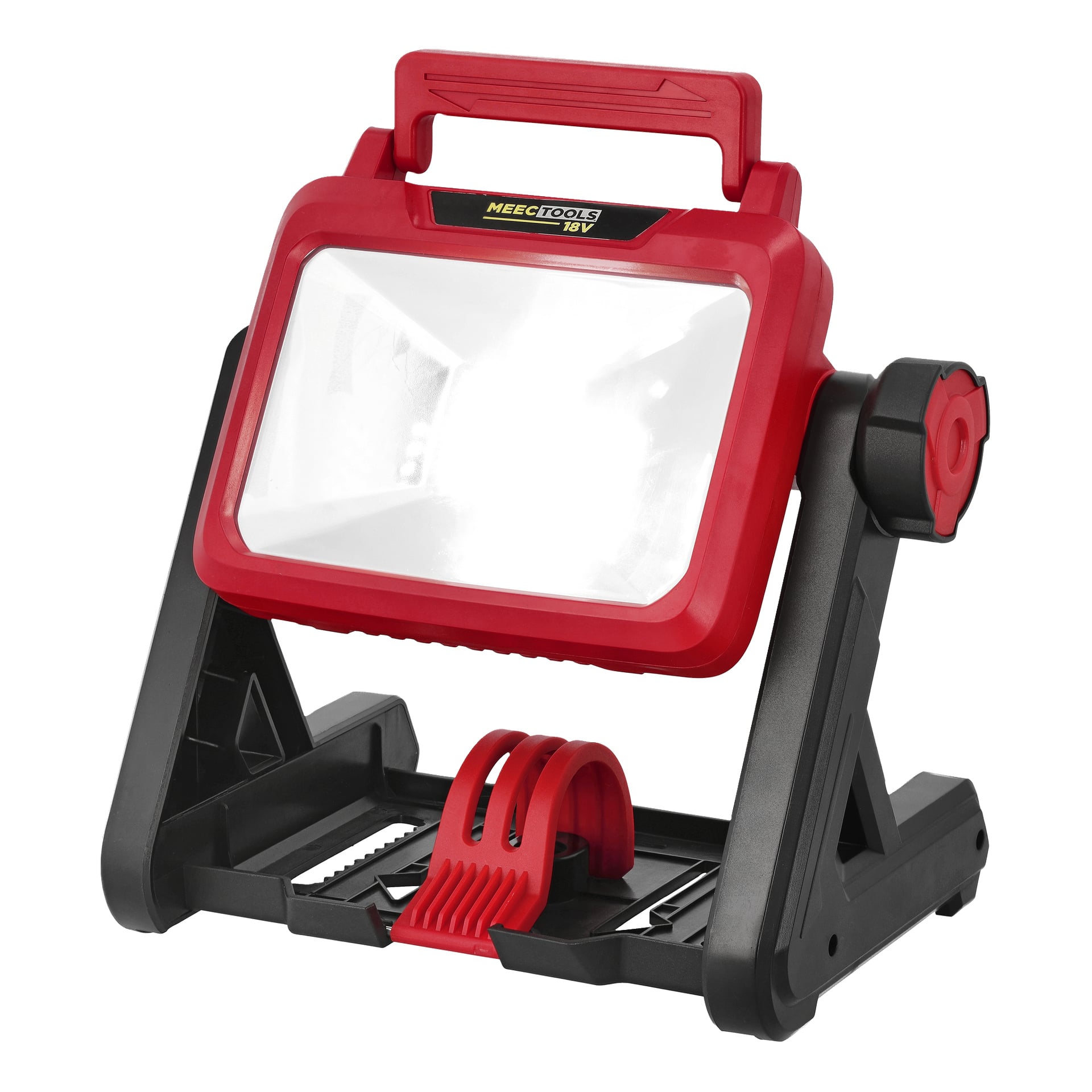 Röd och svart Meec Tools LD-18V HOME 500 arbetslampa med stor LED-panel, övre handtag, justerbart stativ och märkesetikett ovanför lampan.