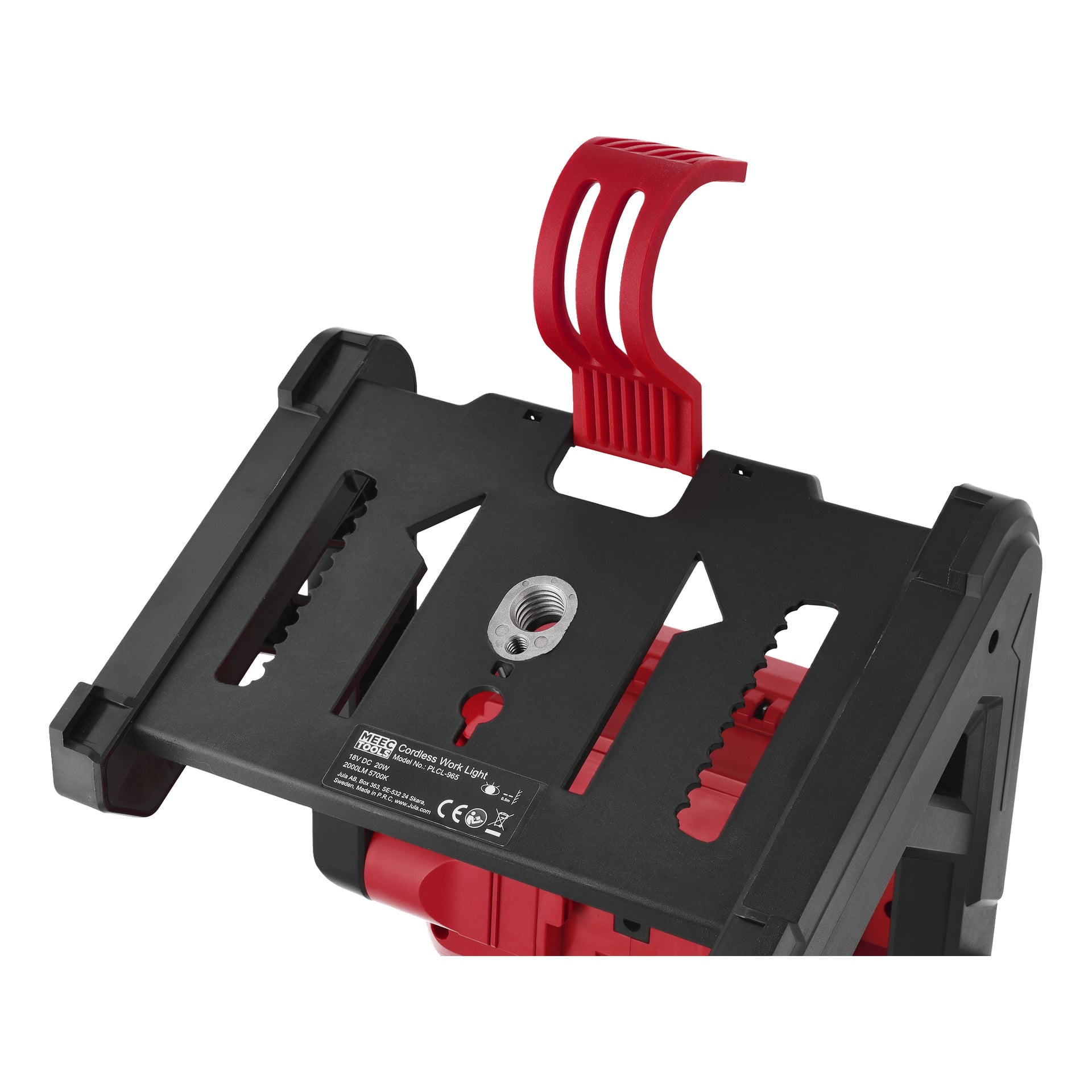 Närbild av Meec Tools Multiseries LD-18V HOME 500 arbetslampa med svart-röd design, portabelt stativ, handtag och monteringshål.